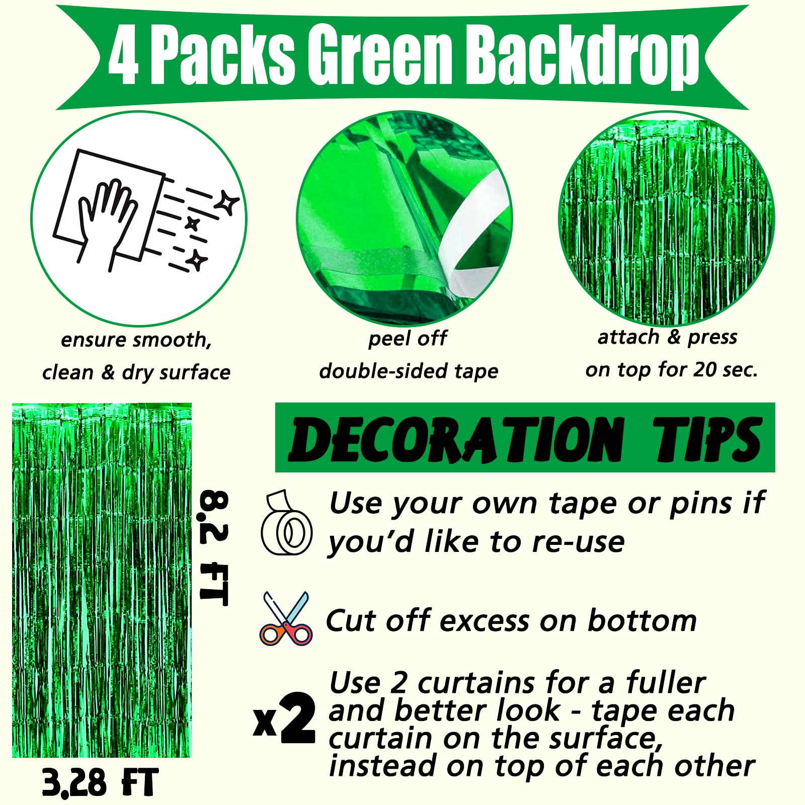 4 Pack Green Fringe Curtain Backdrop, 3.2Ft X 8.2Ft Metallic Tinsel Foil Fringe Streamers Background For Photo Booth Birthday We