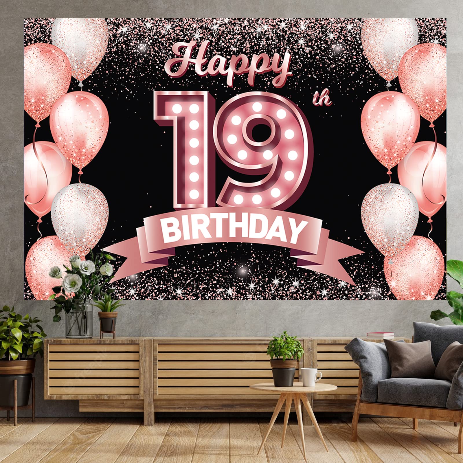 Happy 19Th Birthday Rose Gold Banner Backdrop Cheers To 19 Years Old Confetti Balloons Theme Decor Decorations For Girls Women 1