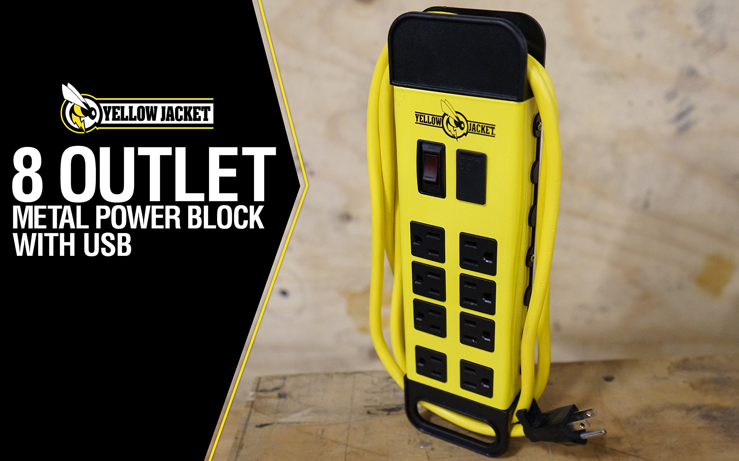 Yellow Jacket 5148 Modern 8 Outlet Metal Power Block With 2 Usb Ports; Yellow