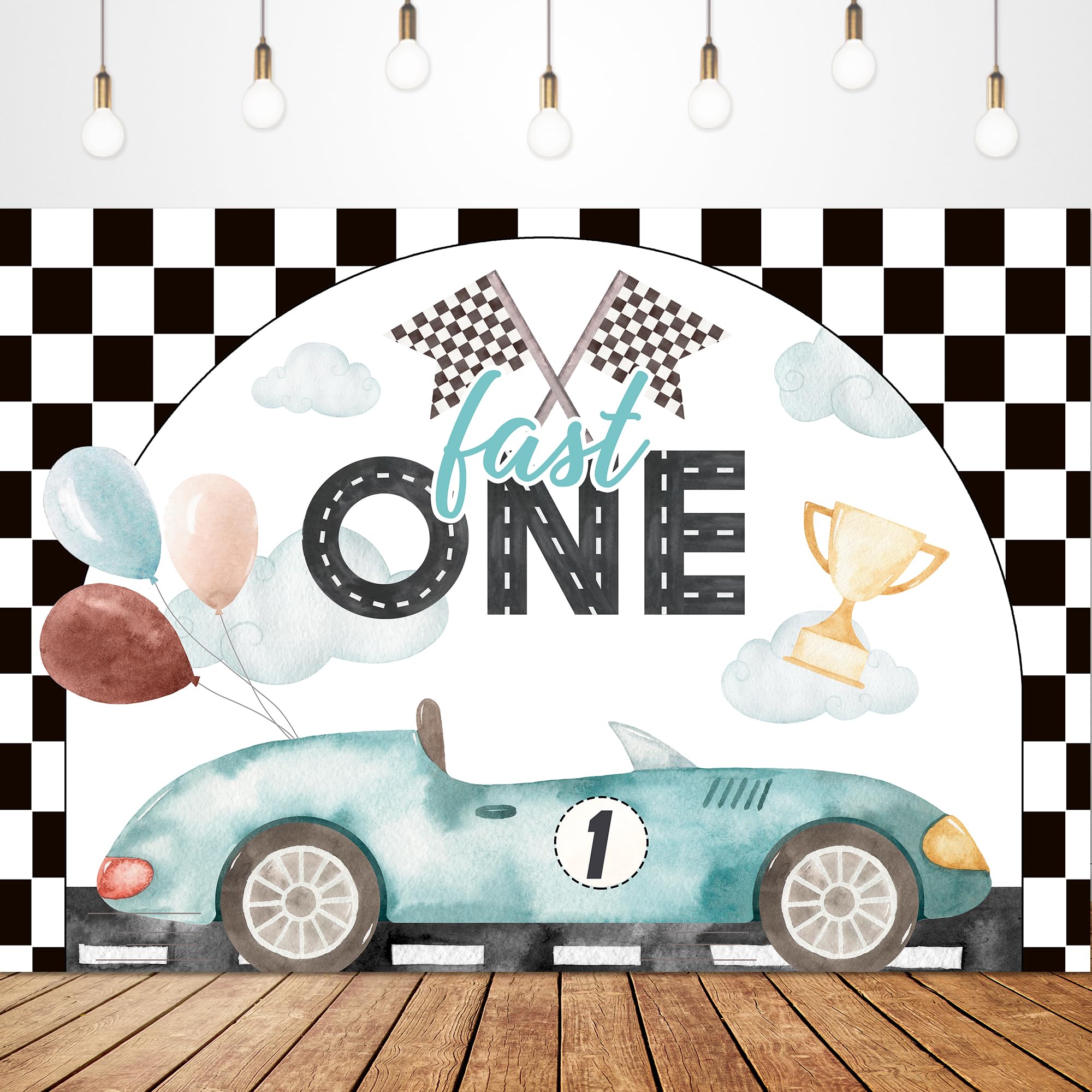 Glawry Fast One 1St Birthday Backdrop For Photography 7Wx5H Feet Racing Car Cartoon Cute Black White Checker Flag Cool For Kids