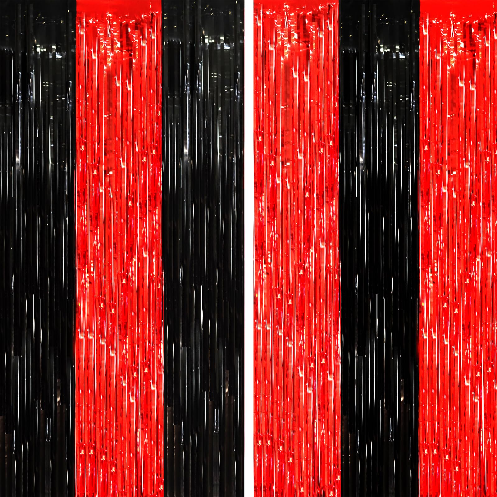 Voircoloria 2 Pack Red And Black Tinsel Foil Fringe Curtains, Red And Black Party Decorations, Metallic Tinsel Party Streamers B