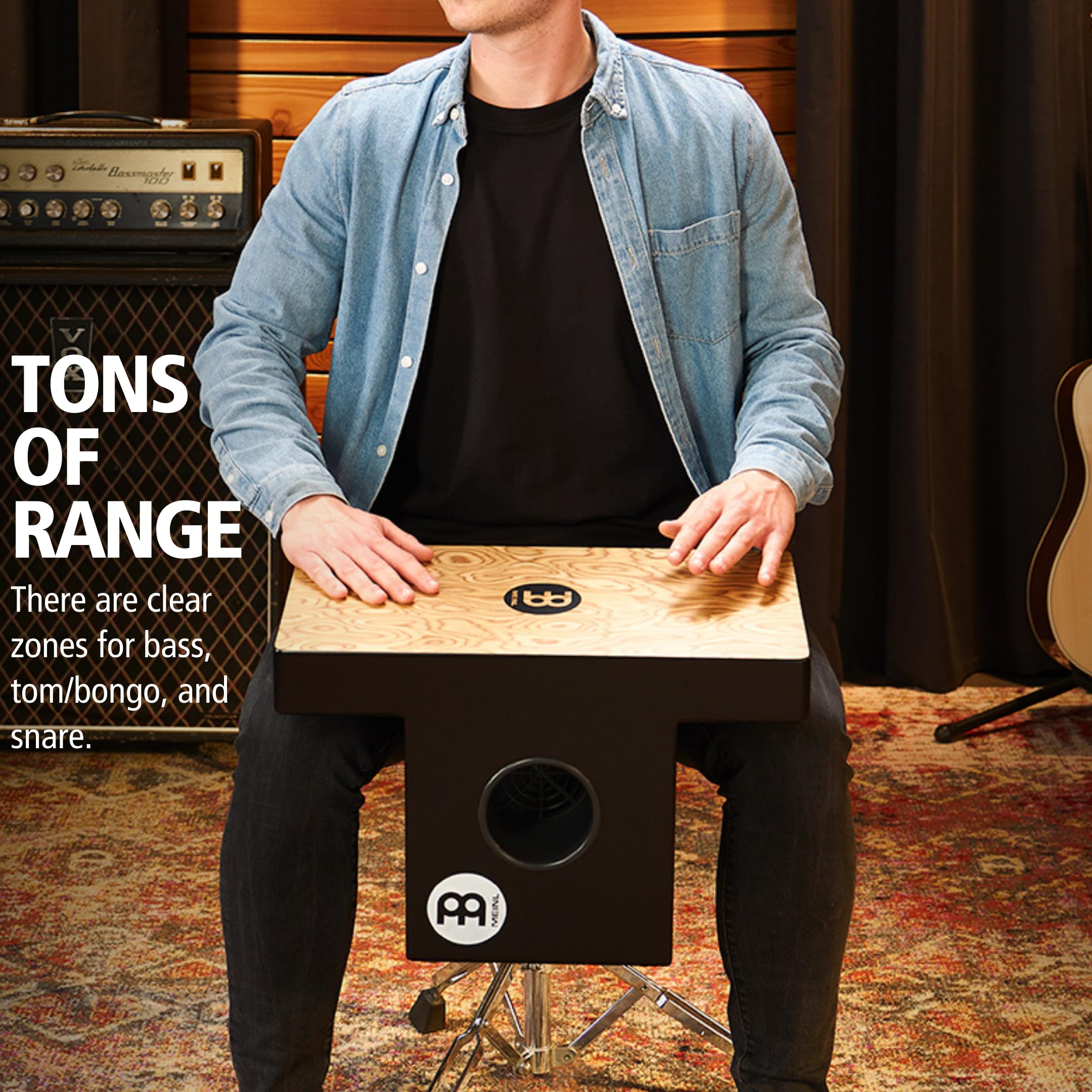 Meinl Slaptop Cajon Box Drum With Internal Snares And Forward Projecting Sound Ports   Not Made In China   Makah Burl Playing Surface, 2 Year Warranty (Topcaj1Mb)