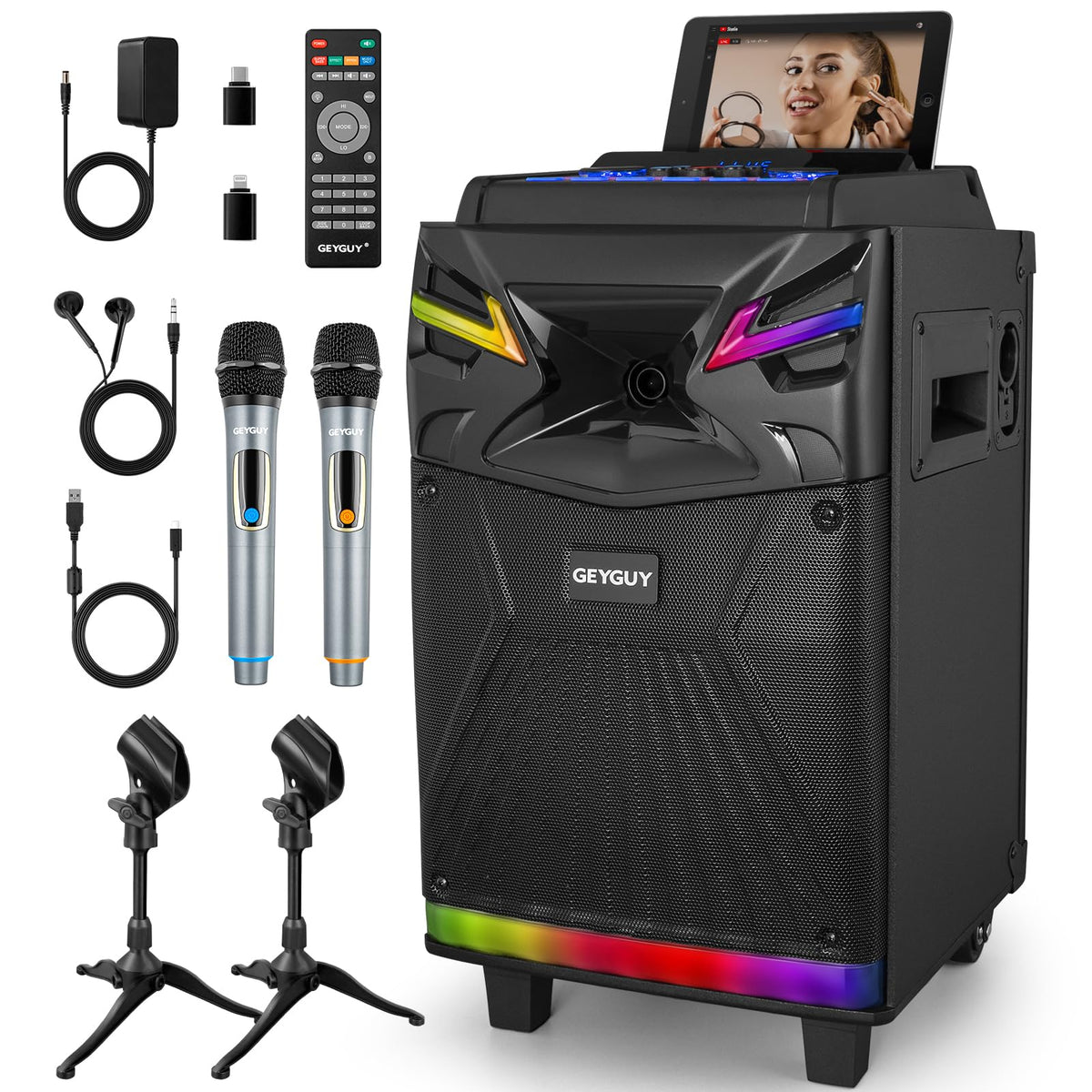 10 Inch Dsp Bluetooth Karaoke Machine With 2 Wireless Mics For Adults, Gtsk10 1, Pa System Support Live Streaming With Sound Eff