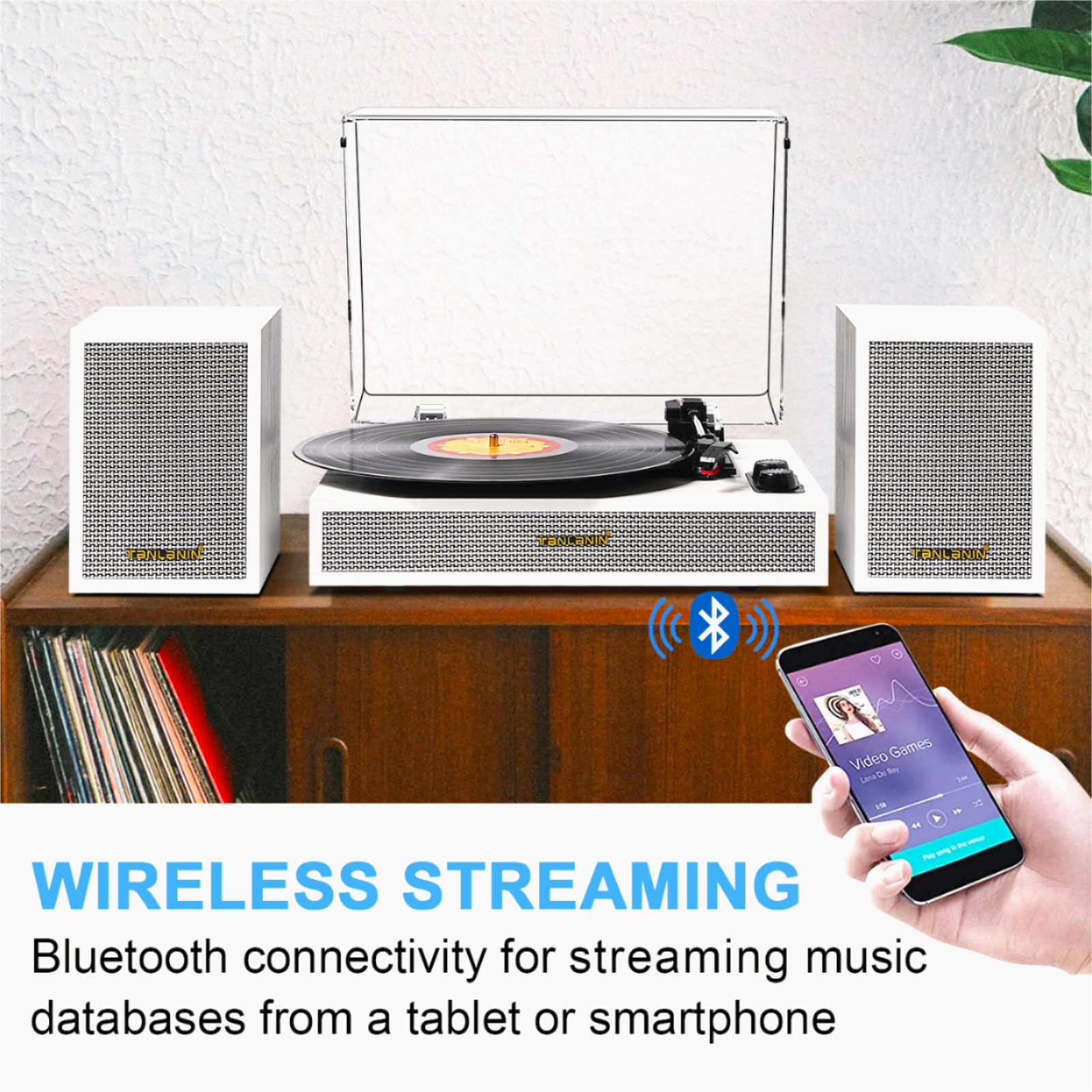 Vinyl Record Player With Dual External Speakers, 3 Speed Vintage Belt Driven Lp Turntable Player With Stereo Speakers, Bluetooth