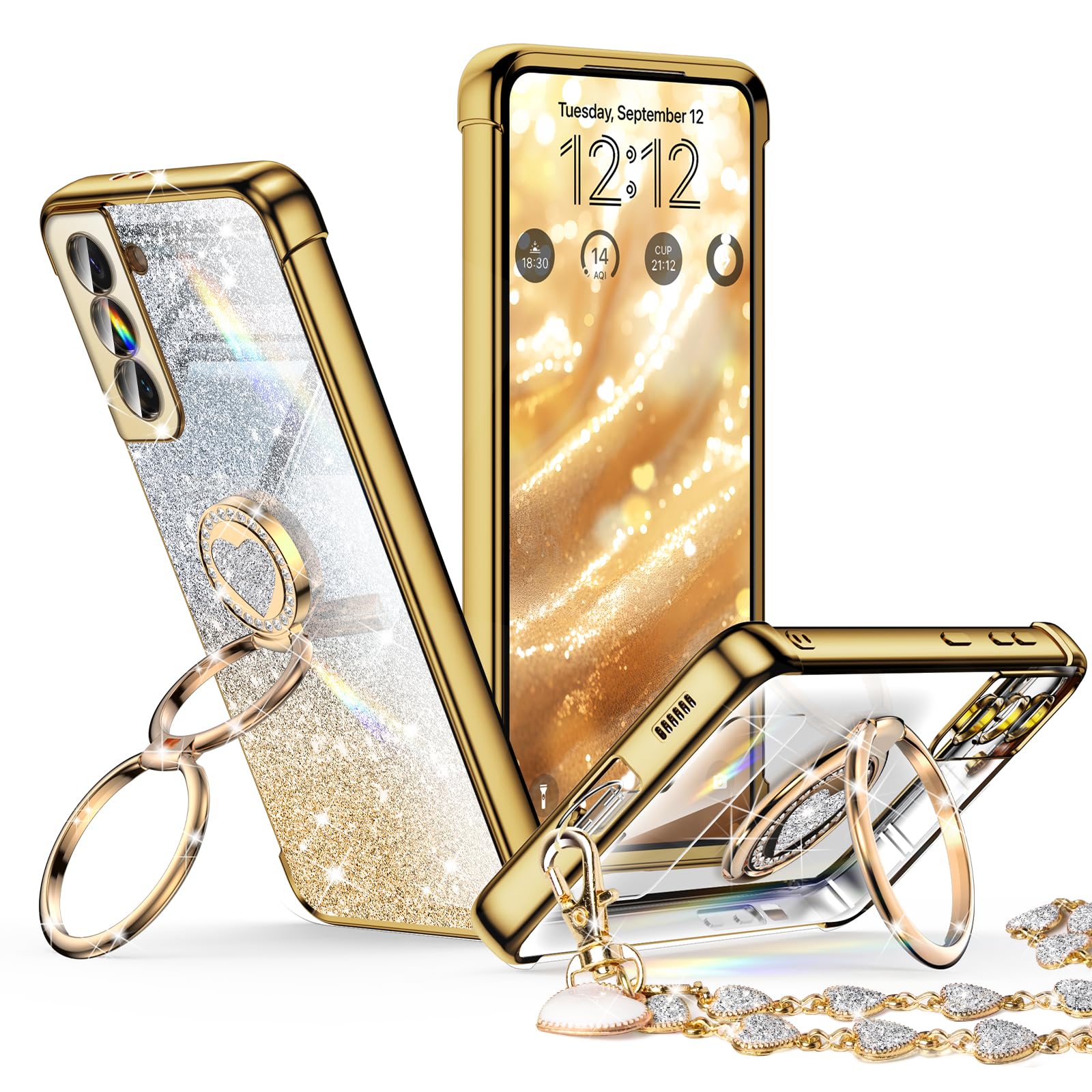 Xyz For Samsung Galaxy S22 Case With Stand, Galaxy S22 Case With Double Ring, Women Girls Bling Luxury Glitter Clear Phone Case