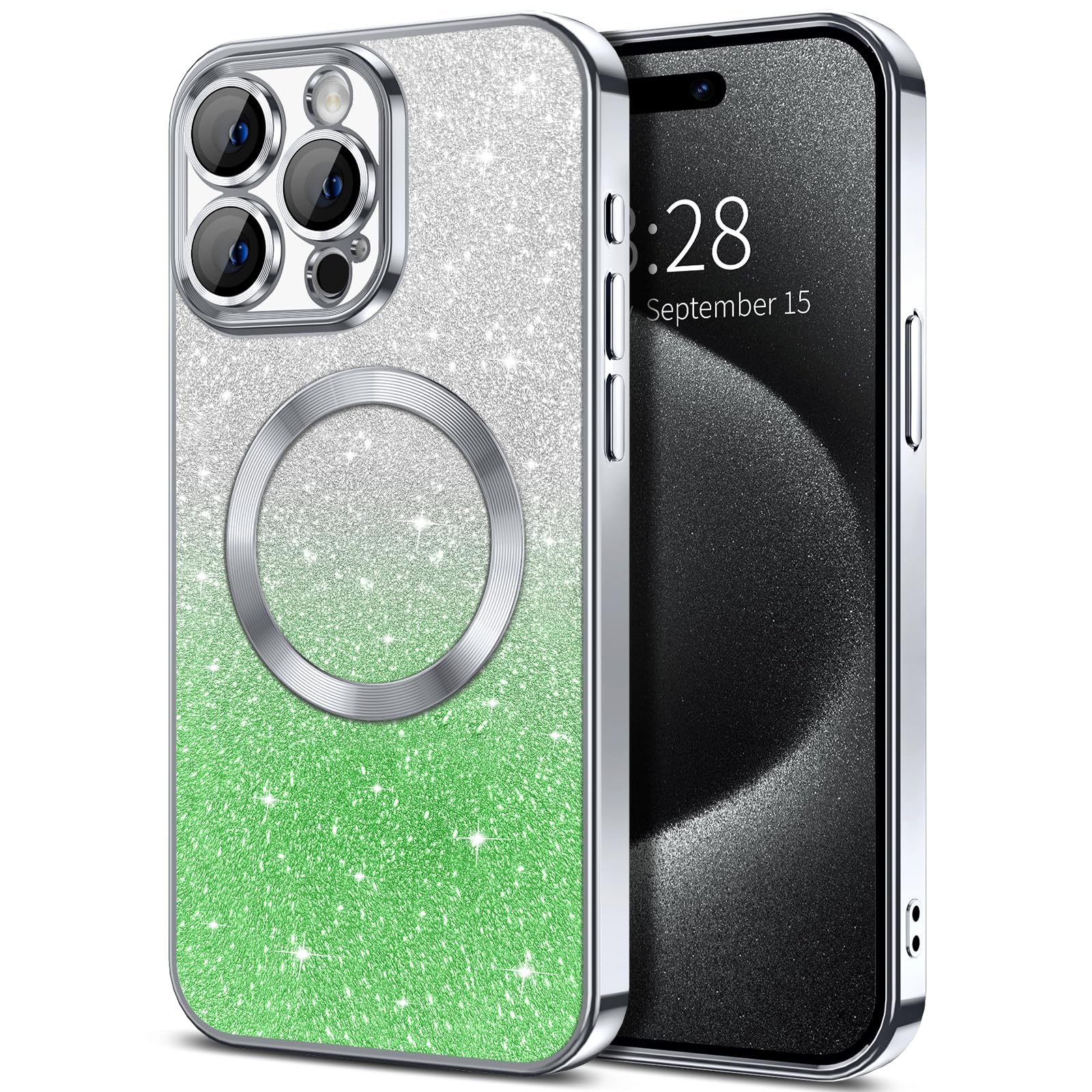Hython For Iphone 15 Pro Max Case Clear Magnetic Glitter Phone Cases [Compatible With Magsafe] Full Camera Lens Protector Slim G