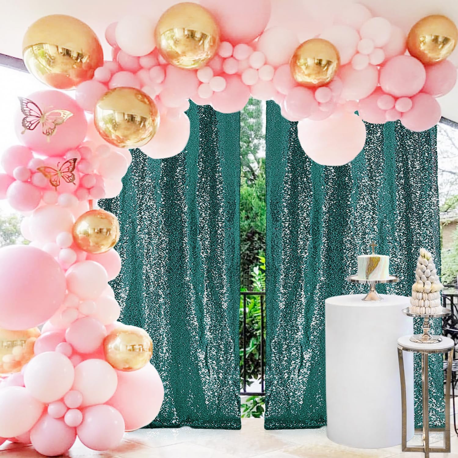 2  8Ft 2Pcs Hunter Green Sequin Backdrop Curtains Panels, Christmas Green Photography Backdrop Glitter Curtains Fabric Backgroun
