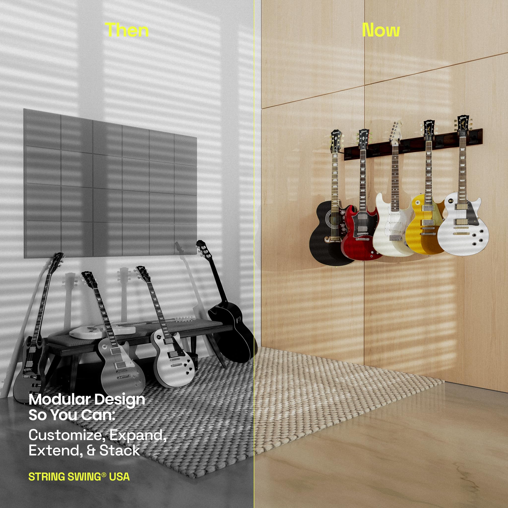 String Swing Guitar Wall Rack   Multiple Guitar Wall Mount   Guitar Organizer For Acoustic & Electric Guitars   5 Padded Arm Han