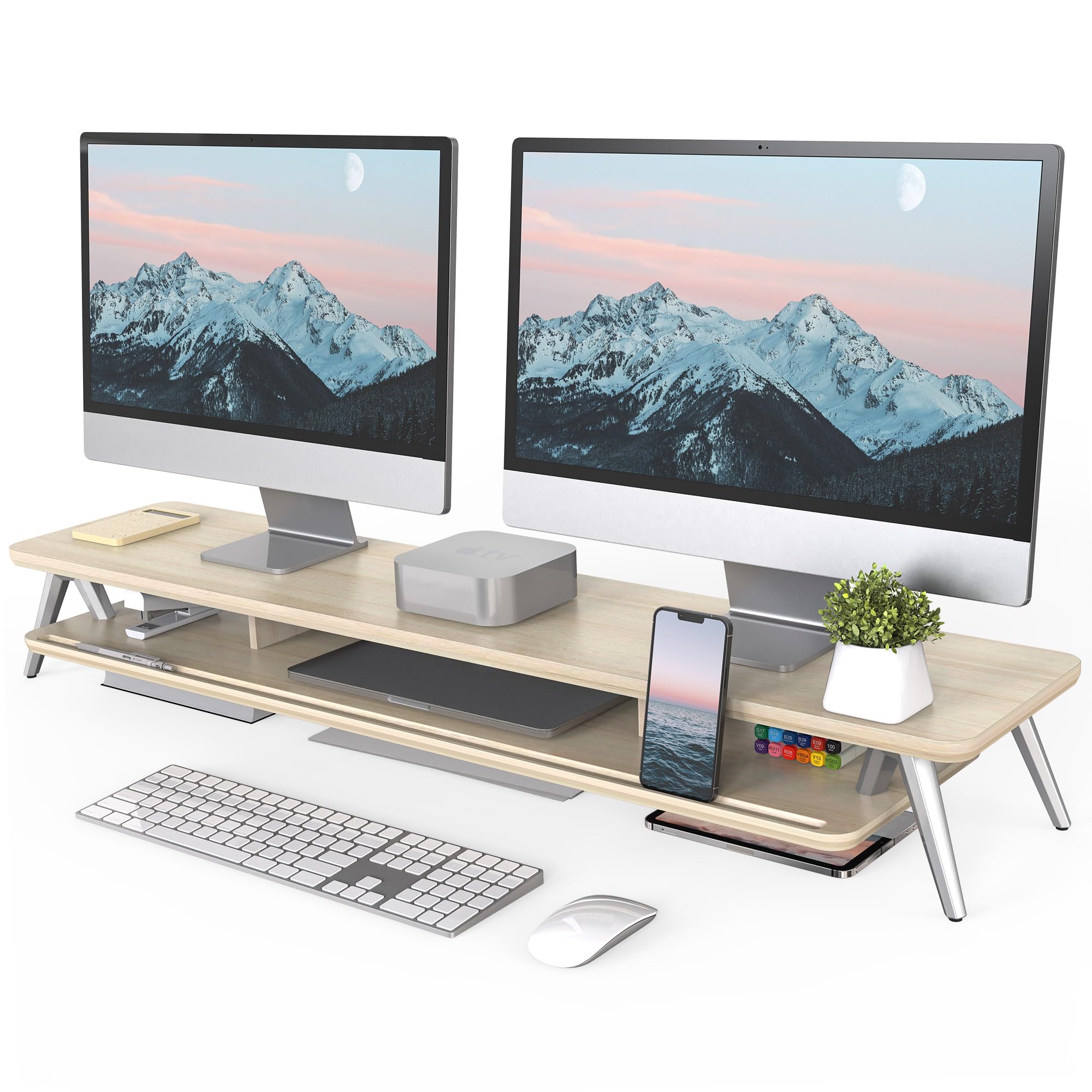 Fenge Dual Monitor Stand, Monitor Stands Riser For 2 Monitors, 42.5 Inch Wood Desk Shelf With Storage Organizer And Cable Manage