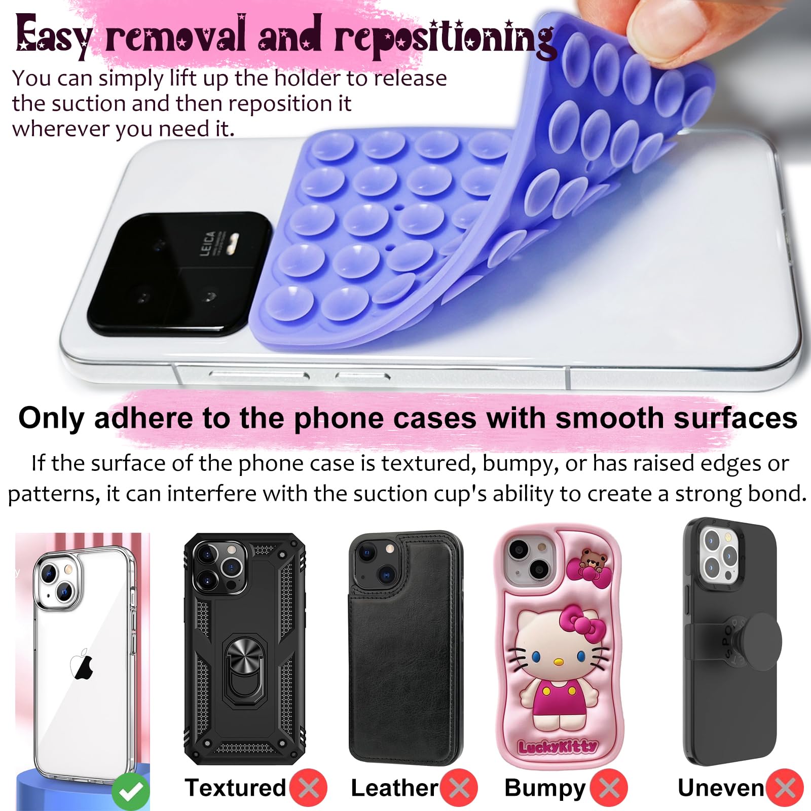 Lvshuliangpin 2 Pack Silicone Suction Cup Phone Case Mount Double Sided, Hands-Free Strong Grip Silicon Phone Holder, Non Slip P