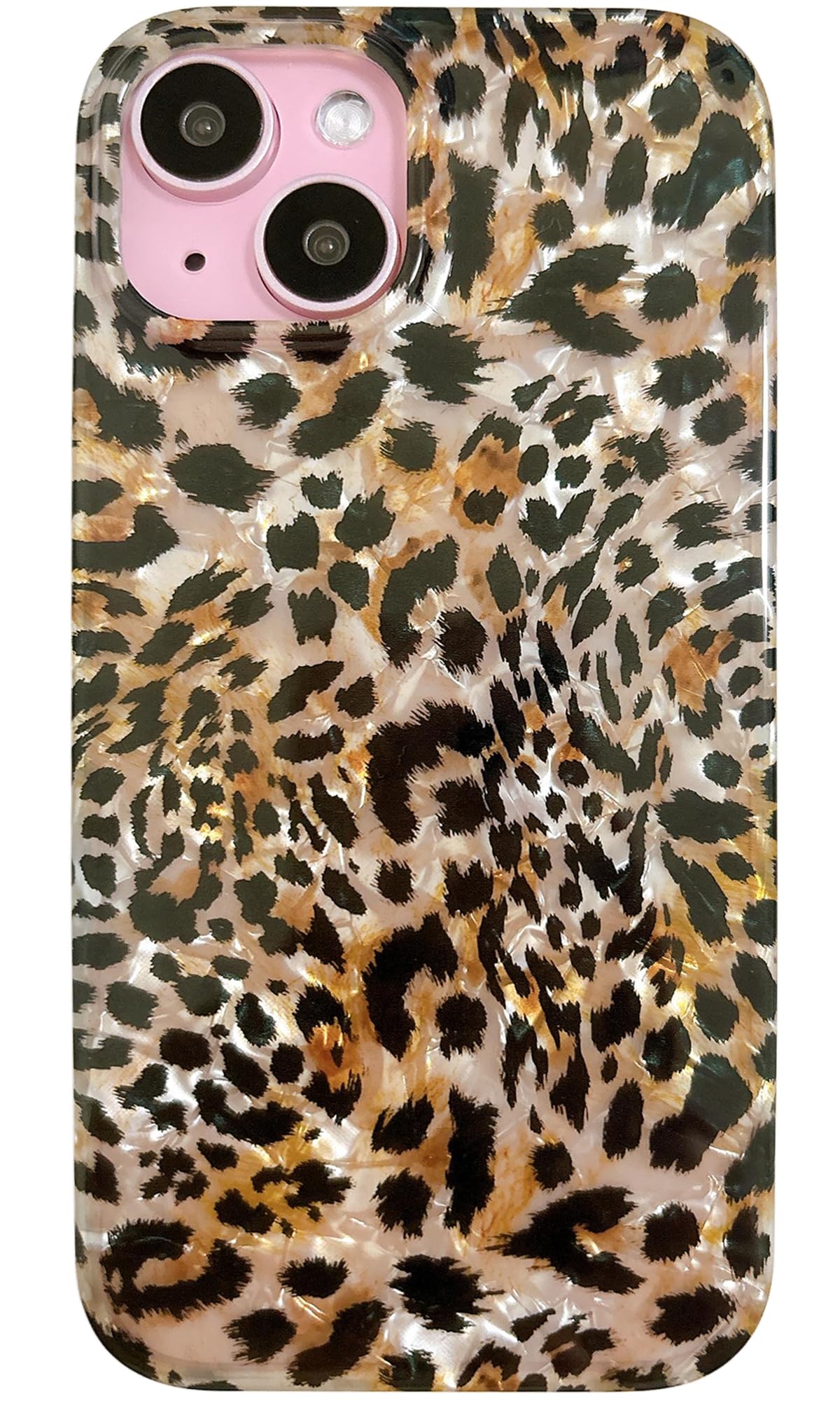 Qokey Compatible for iPhone 15 Case 6.1 Inch, Sparkly Translucent Seashell Layer Design, Soft Classical Cheetah Pattern Print Sh