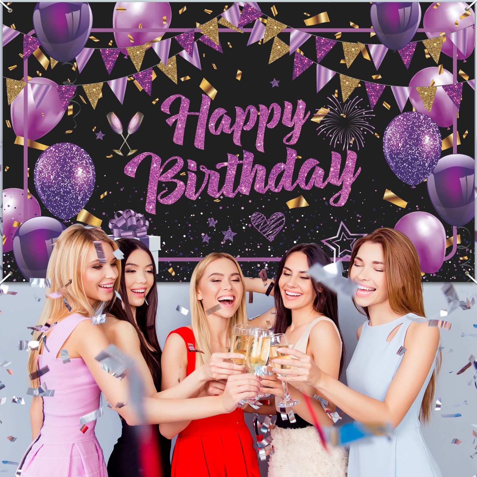 Purple Happy Birthday Banner Purple Black Gold Birthday Party Decorations Large Purple Birthday Sign Shiny Purple Black Birthday