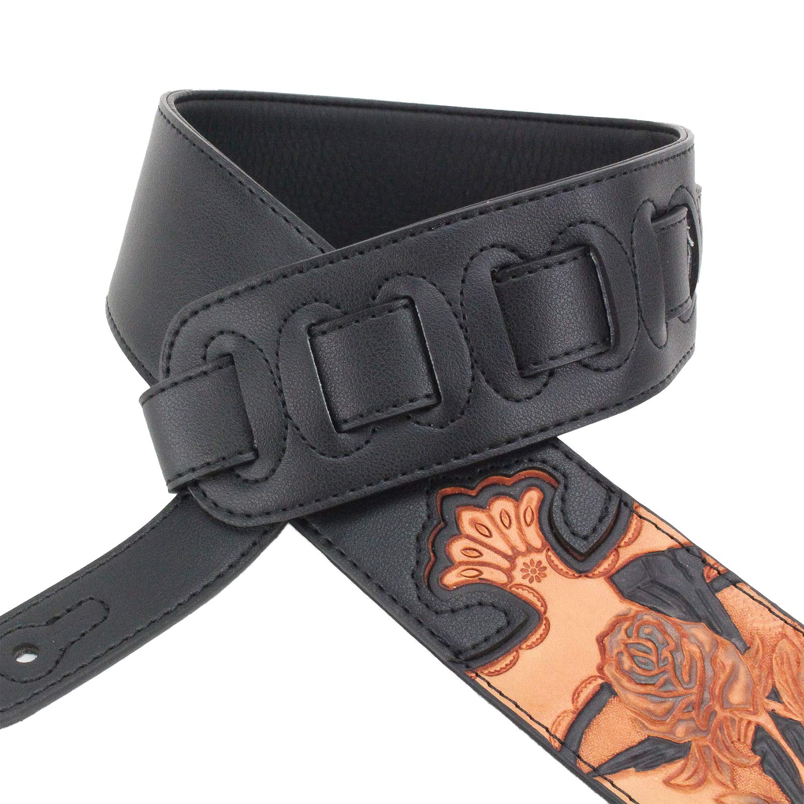 Walker & Williams Cvg 21 Black Padded Leather Guitar Strap Hand Tooled Christian Rose & Cross For Acoustic, Electric, And Bass G