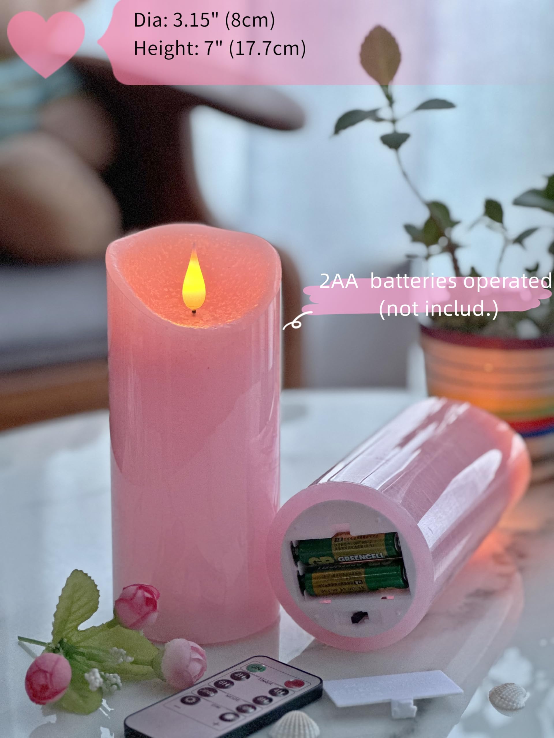 Adoria Large Pink Pillar Candles Battery Operated Set Of 2  Real Wax Flameless Candles With 3D Realistic Flame Rose Scented Dia