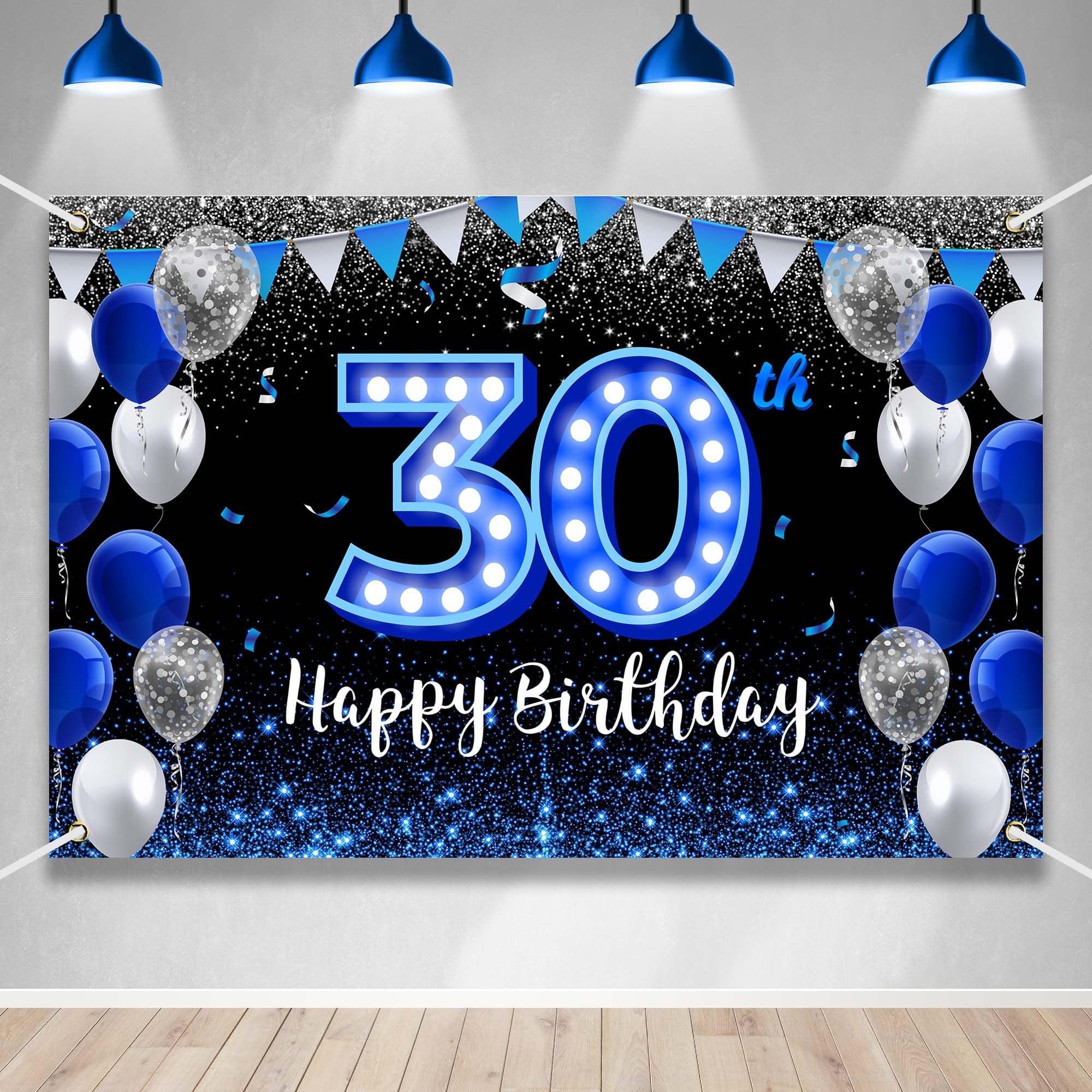 Happy 30Th Birthday Backdrop Banner Blue Black Theme Background With Blue Neon Light Shiny Fashion Birthday Party Photo Photogra