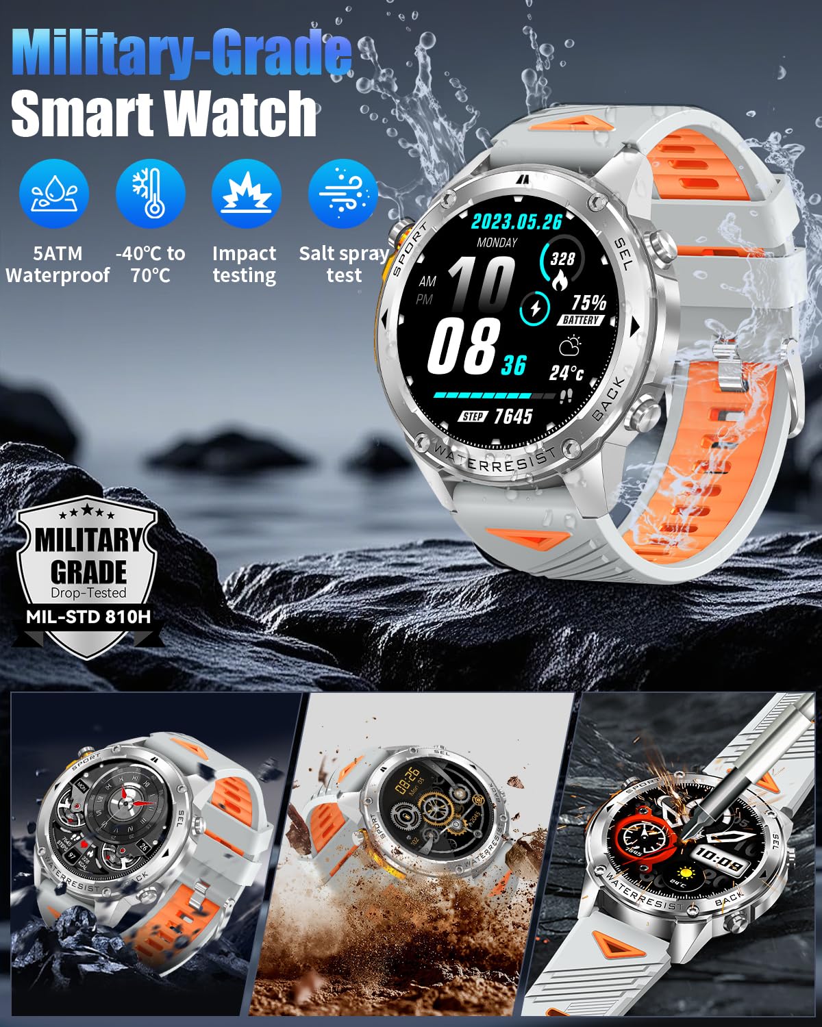 Podoeil Military Smart Watch For Men With Gps, Compass & Altimeter, 5Atm Waterproof, 500Mah Battery, Bluetooth Call, 170+ Sports