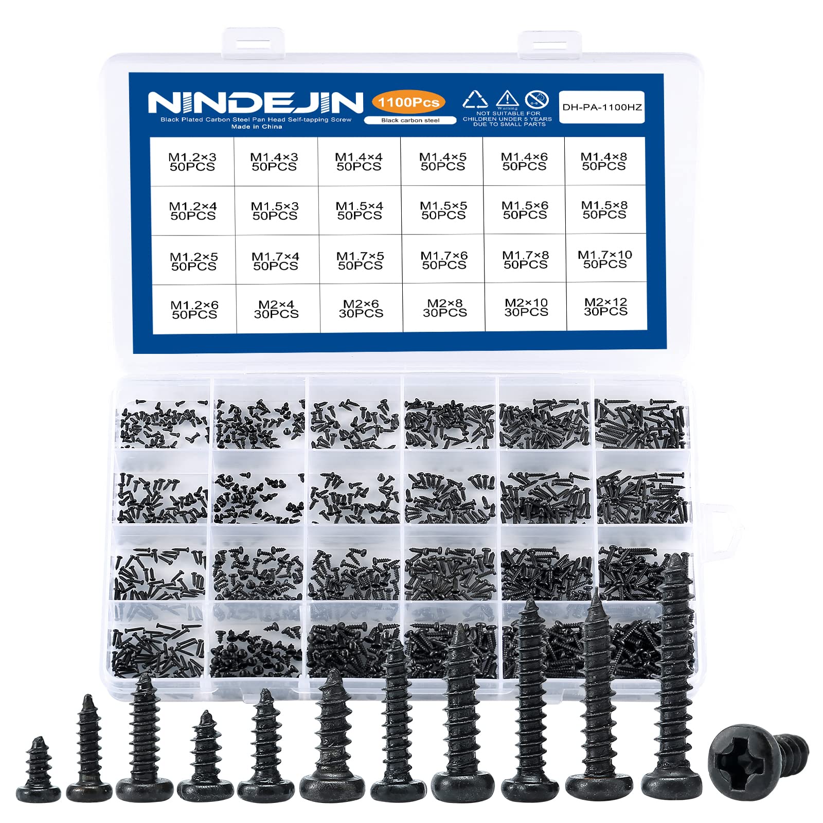 Nindejin 1100 Pcs Pan Head Tapping Screws Laptop Computer Screws Set, M1.2 M1.4 M1.5 M1.7 M2 Phillips Screws Assortment Kit, Min