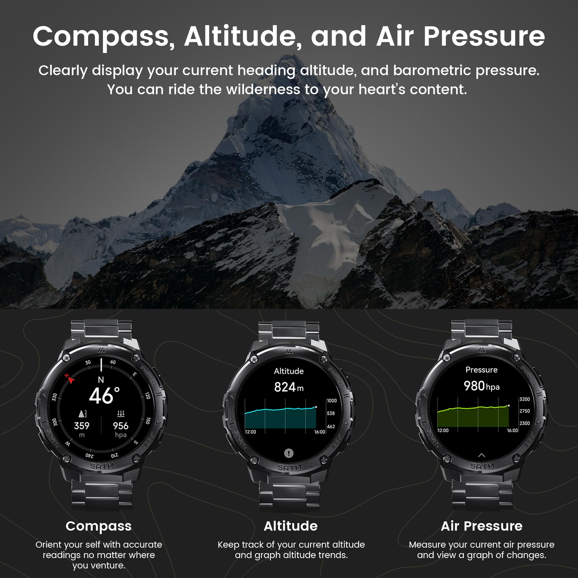 Hidamel Smart Watches For Men Gps, Pressure,Altitude,Compass, 480Mah Extra Large Battery, 50M Waterproof, Full Metal Body Rugged