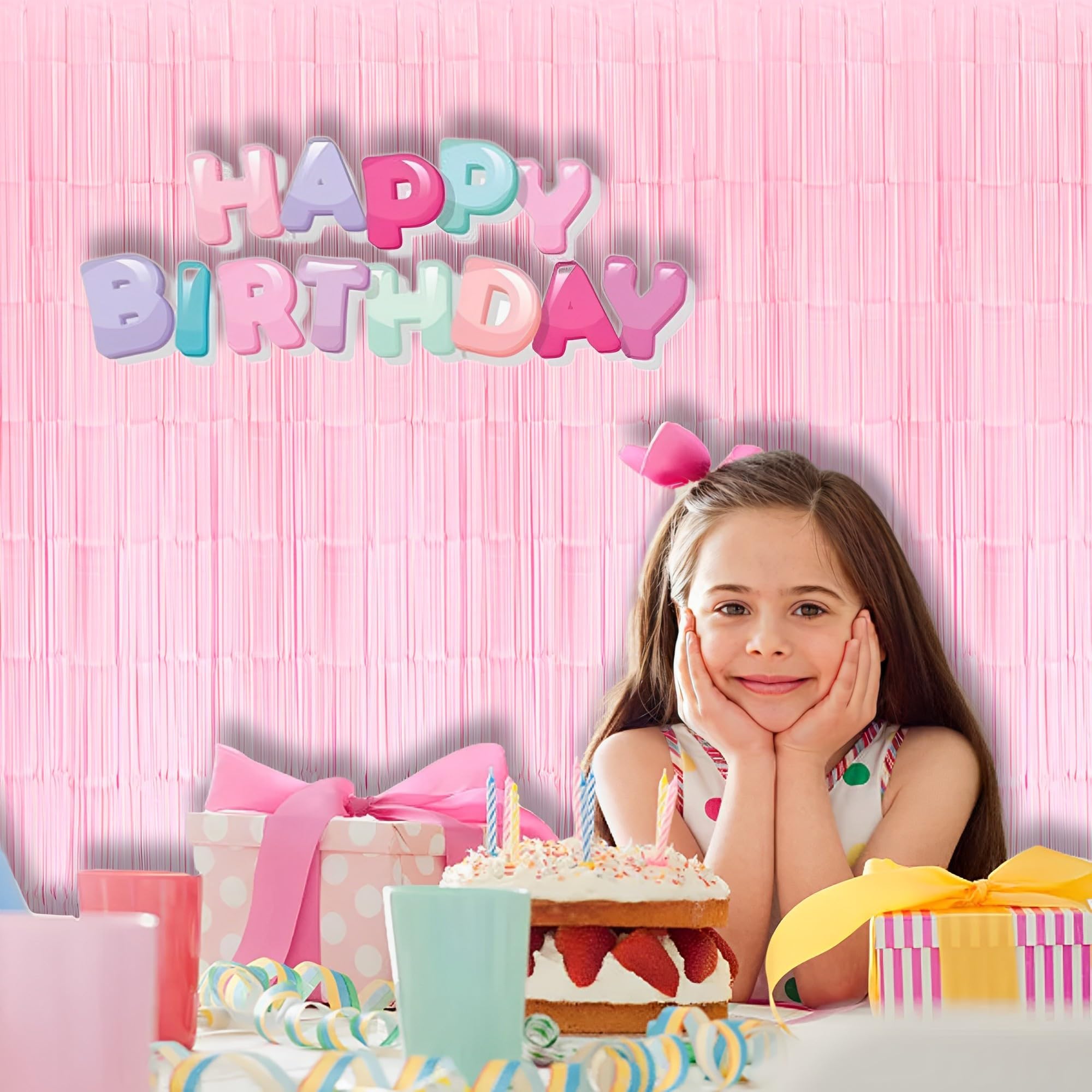 Braveshine Macaron Pink Foil Fringe Curtains Tinsel Backdrop   Photo Booth Streamer Metallic Party Supplies For Girls' Pastel Bi