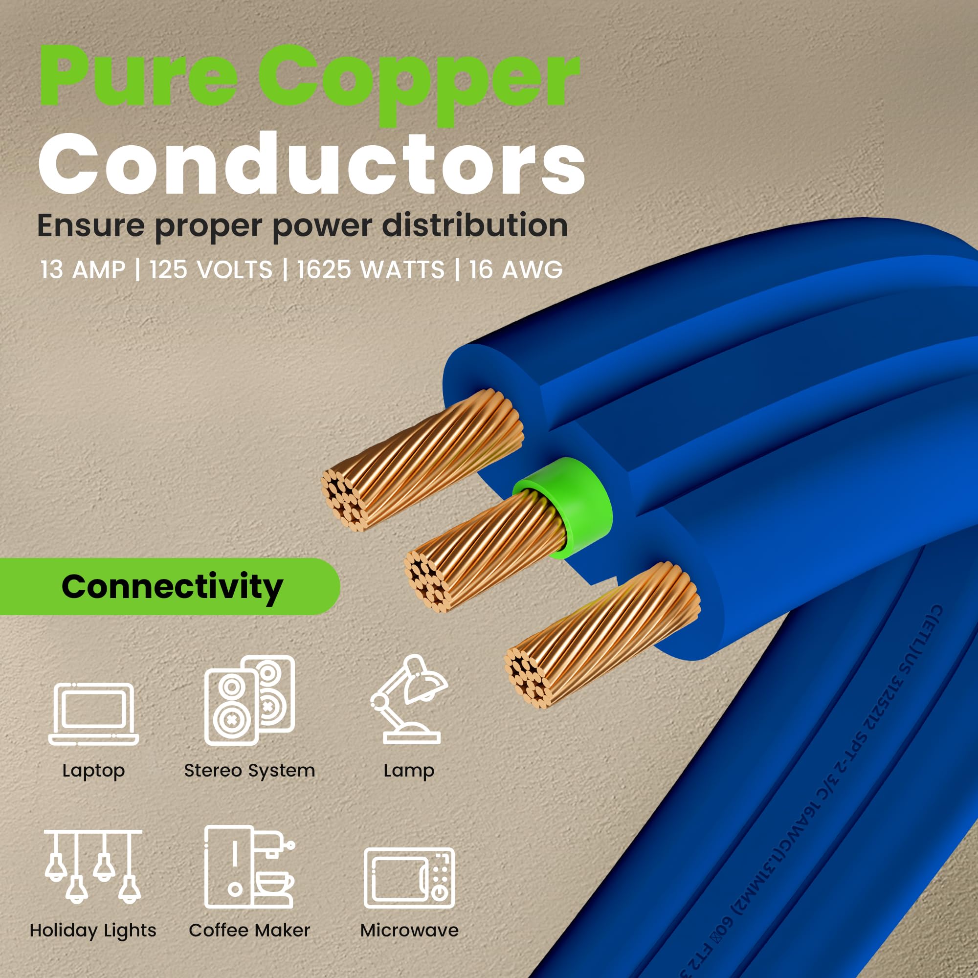 Gearit 360 Rotating Flat Plug Extension Cord With 3 Outlets (10Ft, Navy) 16Awg/13A 3 Prong Wire, Outlet Saver For Home Office Do