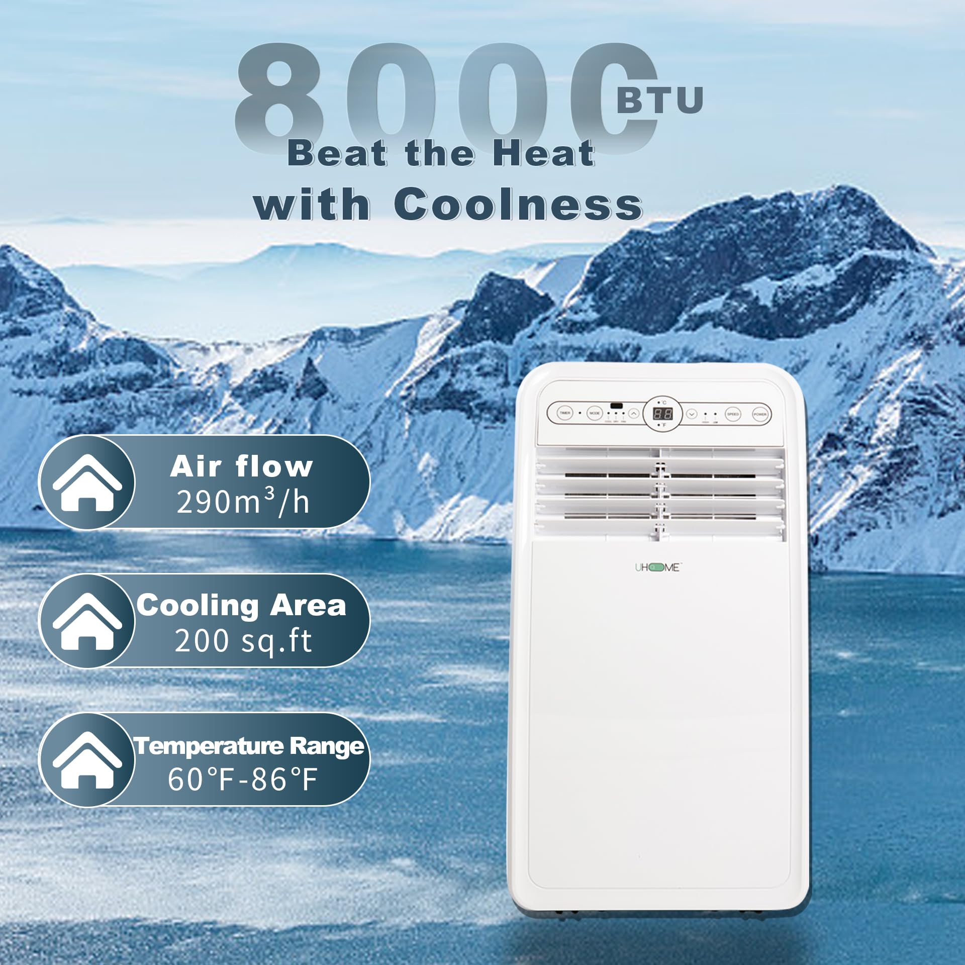 Uhome 8000 Btu Portable Air Conditioner, With Cooling, Dehumidifier, Fan, Remote Control And Window Mount Kit Included, White, 2
