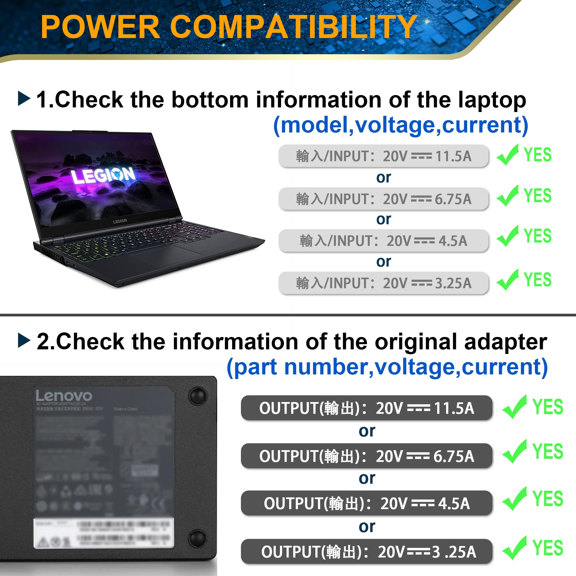 New Legion 5 Charger,230W Ac Adapter For Lenovo Legion 5 7 5P C7 S7 Y540 Y545 Y740 Y730 Y900 Y910 Y920 Y7000 4X20E75111 Gx20L293