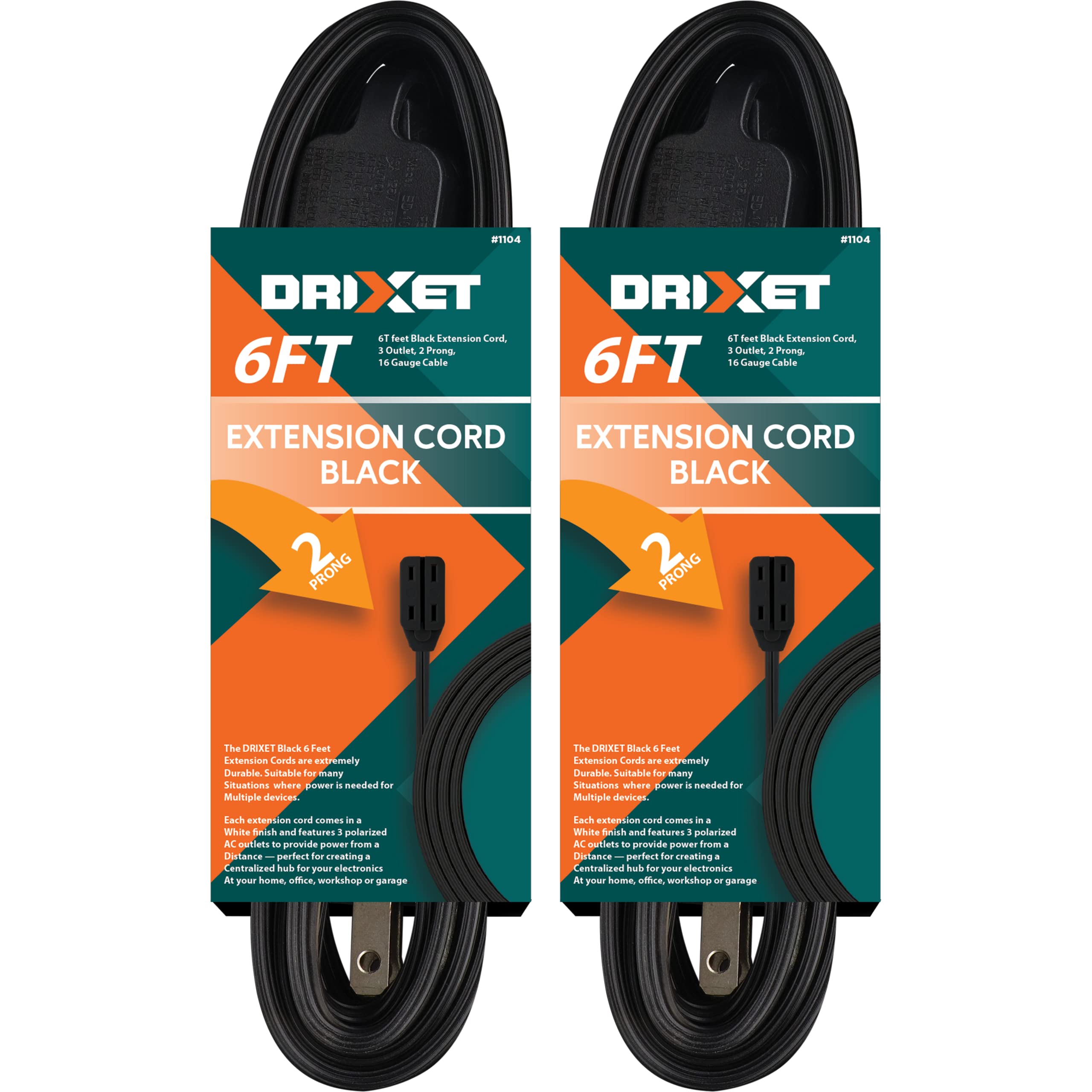 [Ul Listed] 6 Feet Black Extension Cord, 3 Outlet, 2 Prong, 16 Gauge Cable, 3 Receptacle Cube Tap, Indoor Use (Pack Of 2)   By R