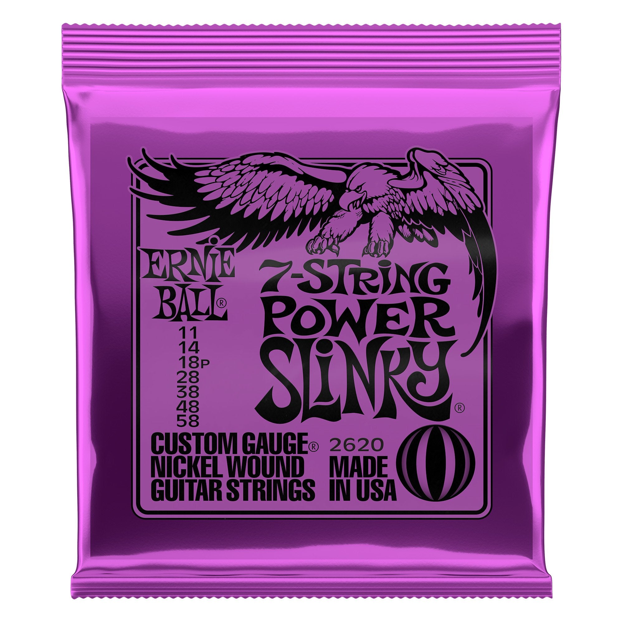 Ernie Ball 7-String Power Slinky Nickel Wound Electric Guitar Strings, 11-58 Gauge (P02620)