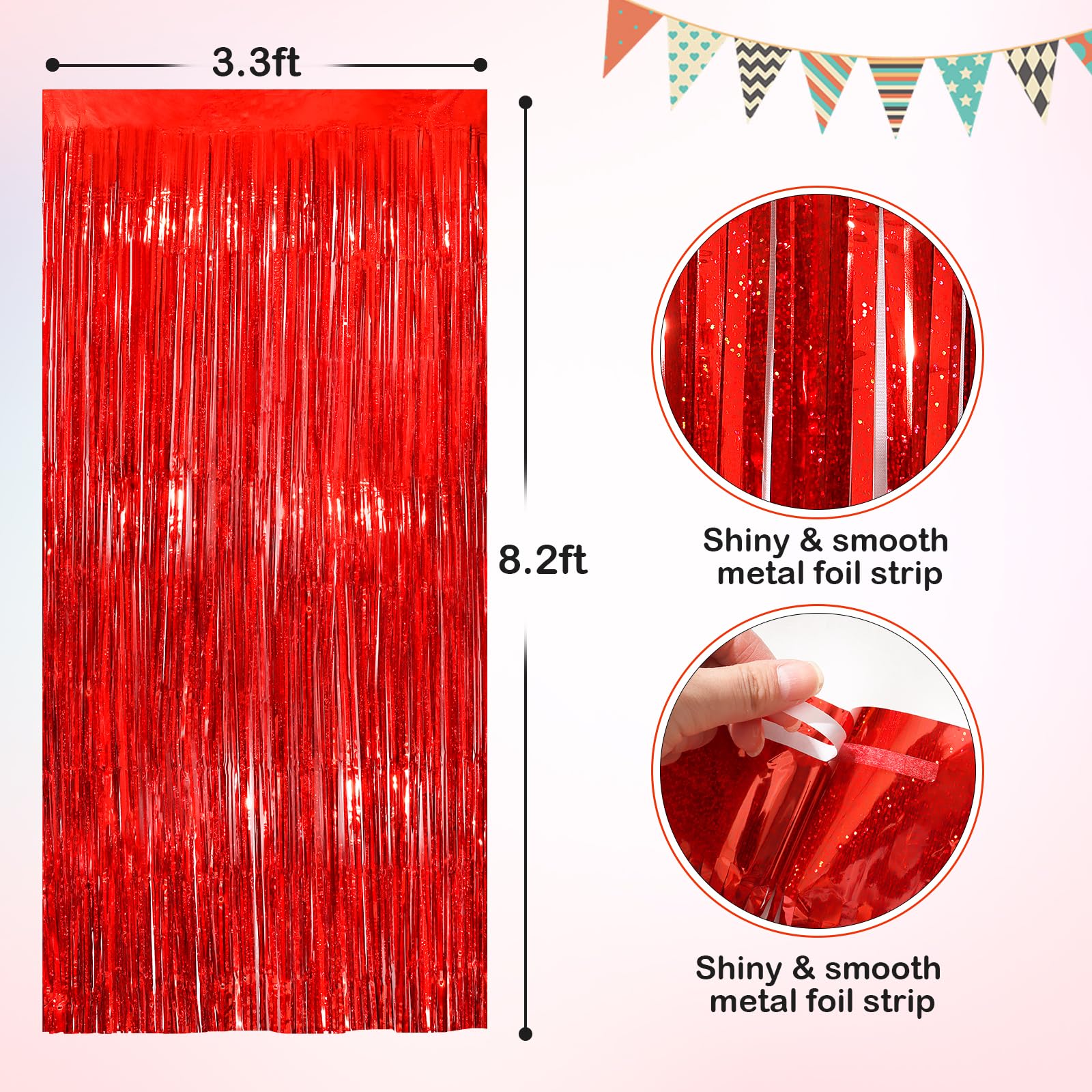 Red Metallic Tinsel Foil Fringe Curtains, 2 Pack 3.3X8.3 Feet Party Streamer For Birthday Party Decorations, Halloween Decor, Fo