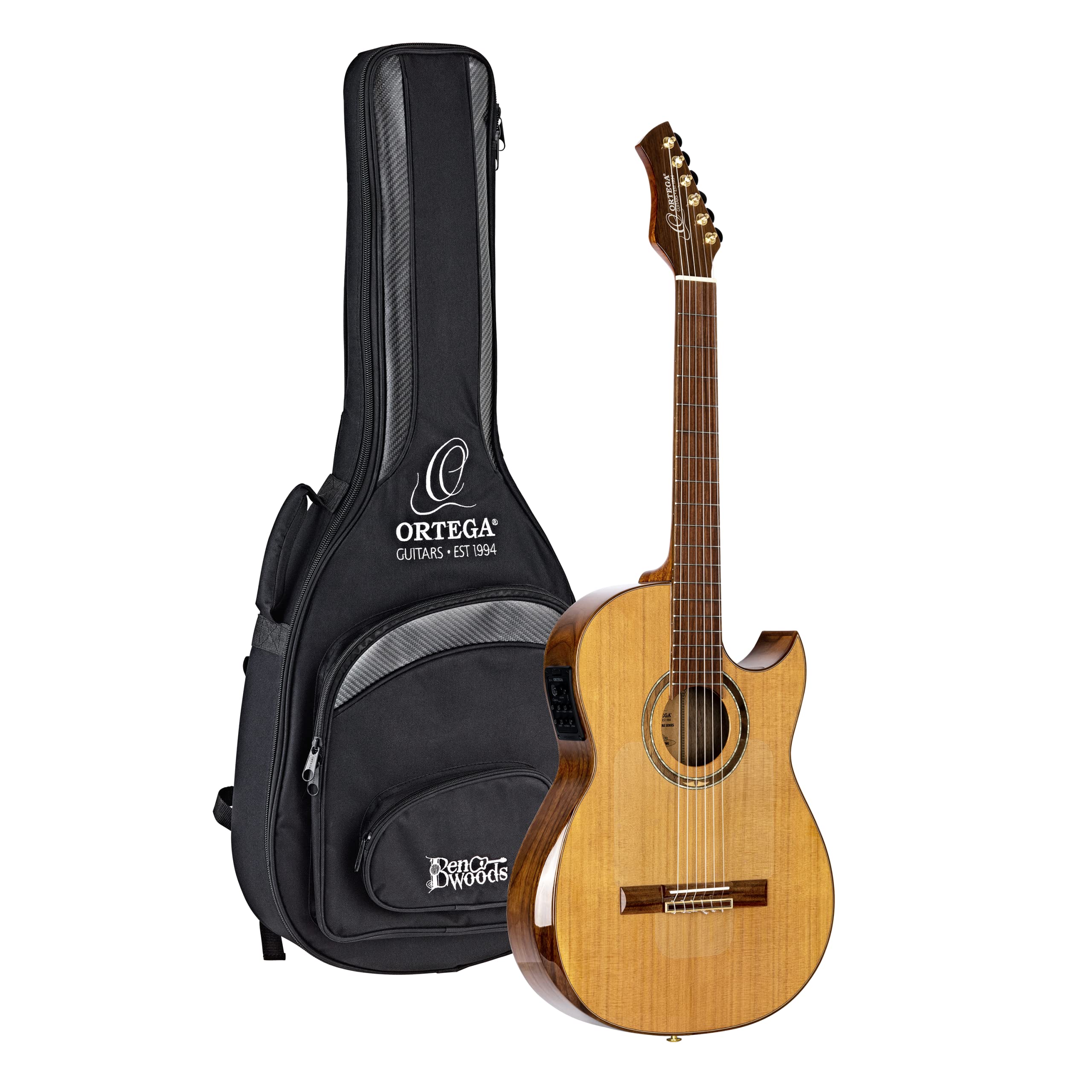 Ortega Guitars 6 String Signature Series Ben Woods Solid Top Thinline Crossover Acoustic-Electric Nylon Classical Guitar w/Bag, 