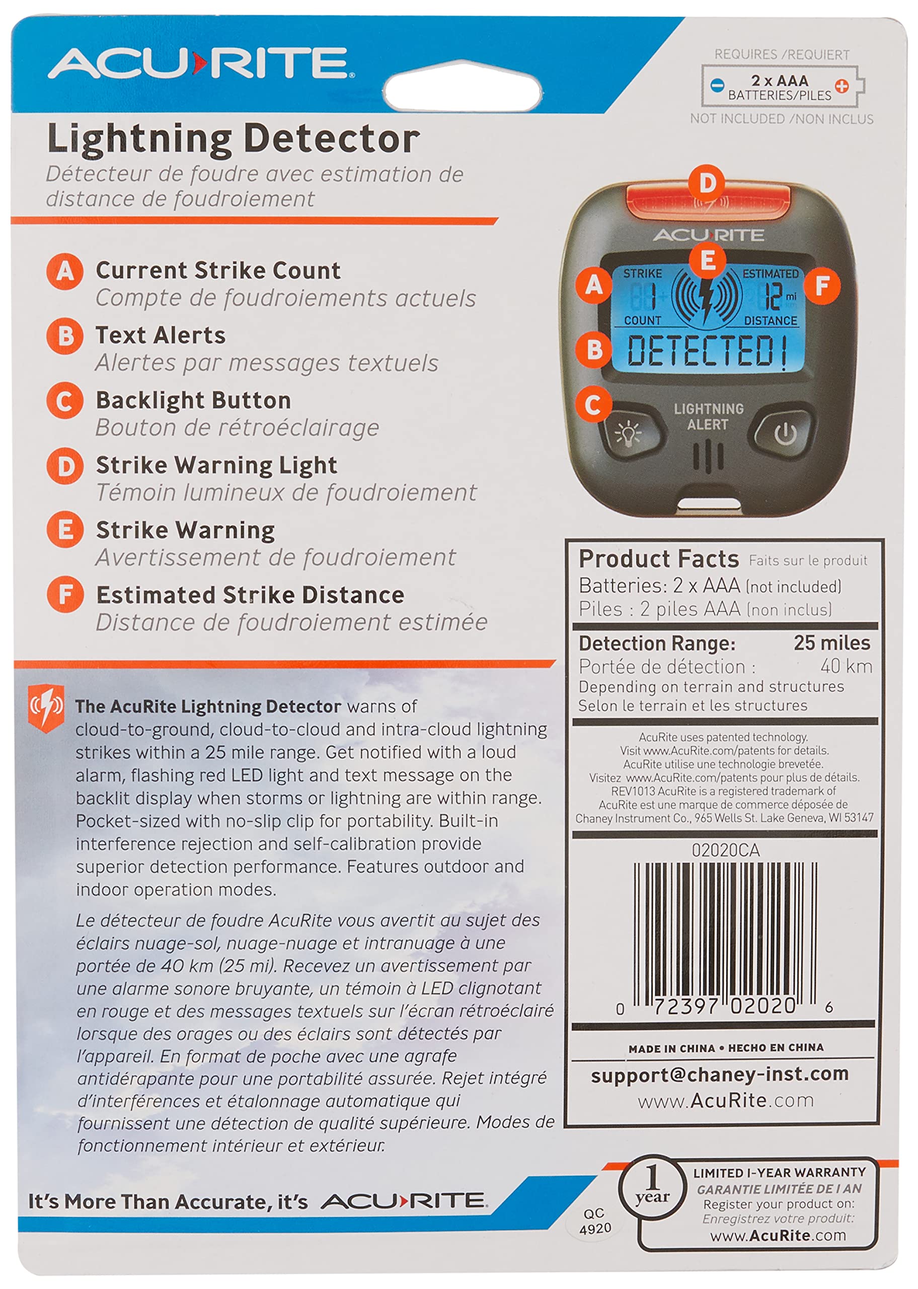 Acurite 02020 Portable Lightning Detector Black, 2  L X 1W X 2  H