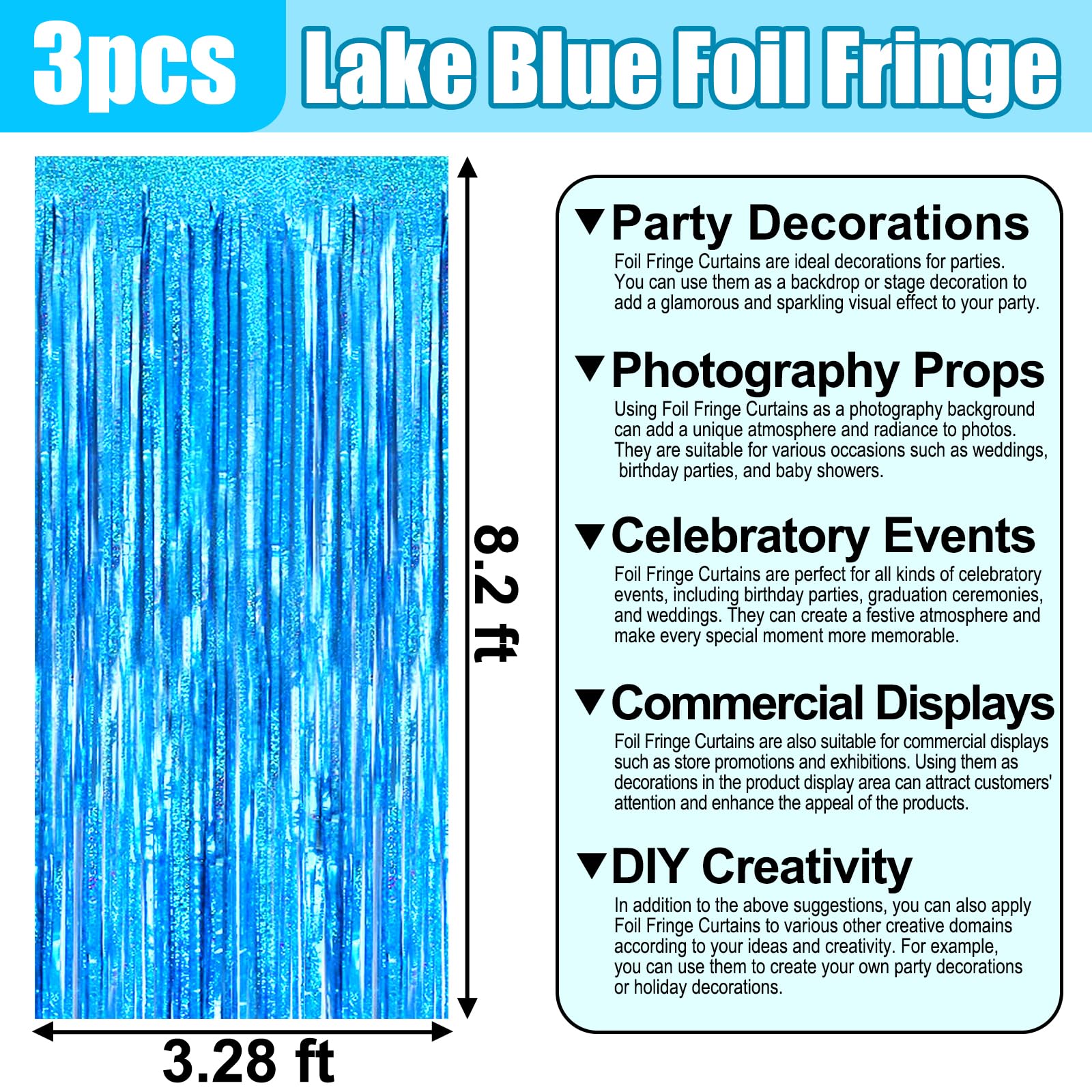 3 Pack Lake Blue Foil Fringe Curtain Backdrop, 3.28Ft X 8.2Ft Metallic Tinsel Foil Fringe Streamer Curtains For Photo Booth, Val