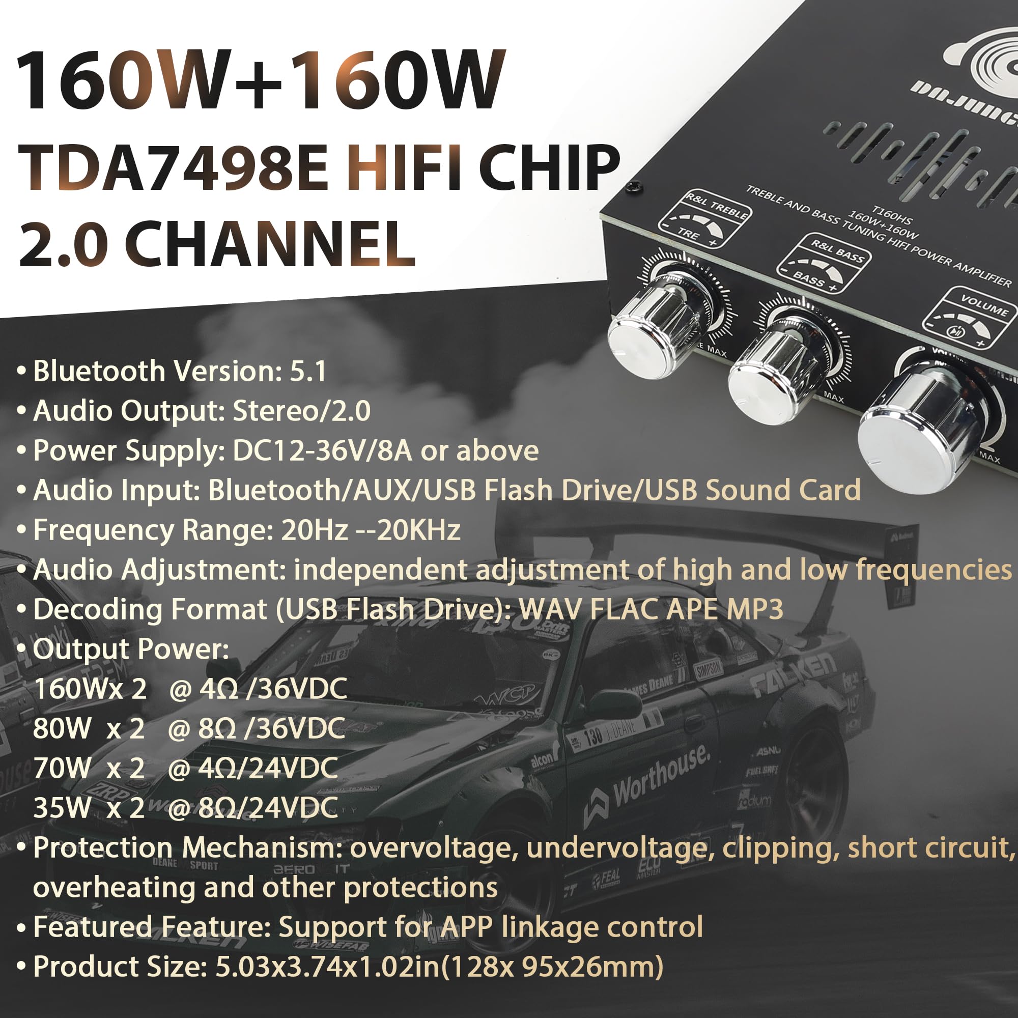 160W+160W Amplifier Board With Treble And Bass Control, Dc 12 36V 2.0 Channel Stereo Amp Board,Bluetooth/Aux/Usb Input