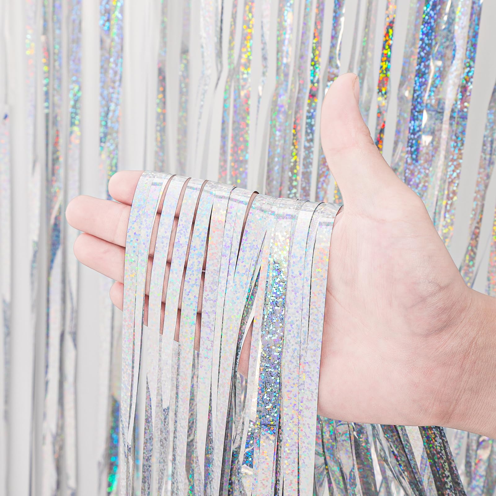 Voircoloria 2 Pack Laser Silver Tinsel Foil Fringe Curtains, Silver Party Decorations, Metallic Tinsel Party Streamers Backdrop