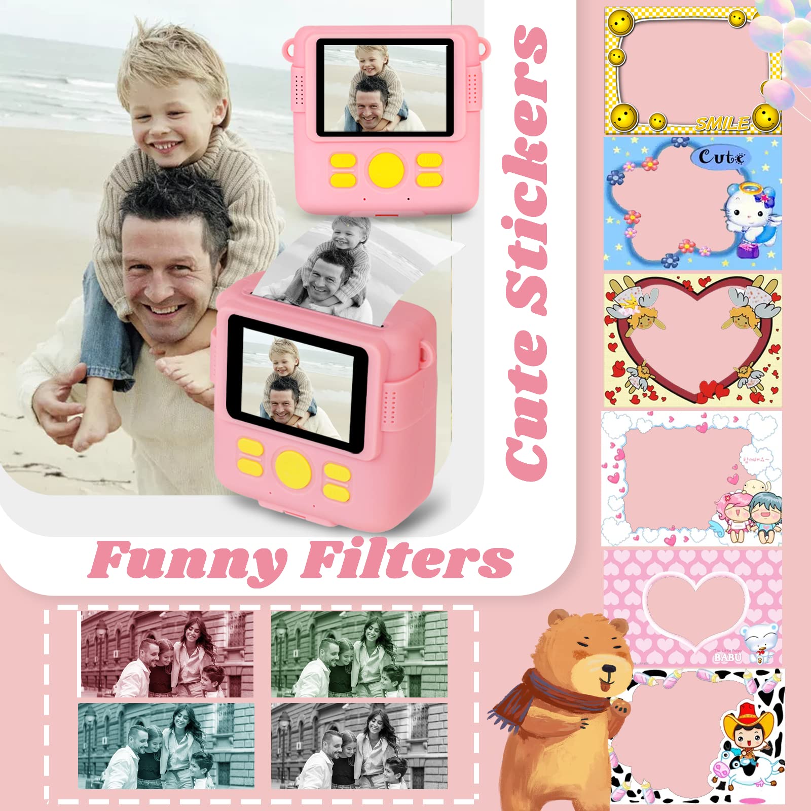 Instant Print Camera For Kids With 3 Rolls Of Printer Paper, 1080P Toddler Digital Camera Toys For Age 3 12 With 32Gb Sd Card, Christmas & Birthday Gifts For 3 4 5 6 7 8 Year Old Girls & Boys (Pink)