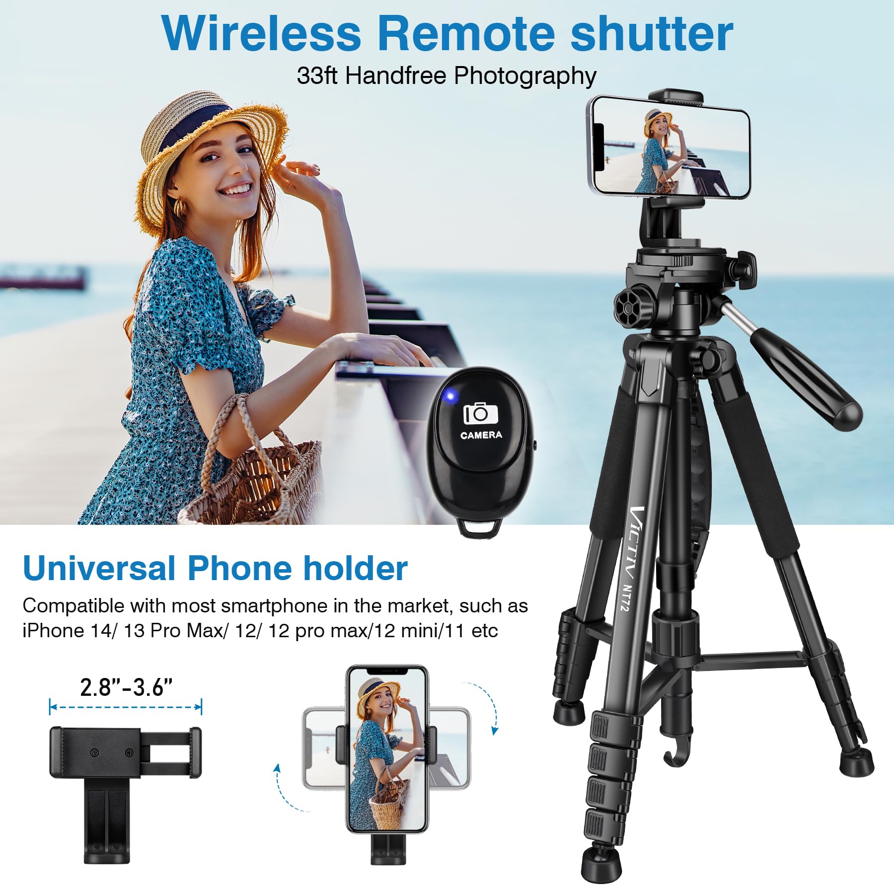 Tripod For Camera, 72'' Tall Camera Tripod With Remote, Compact Camera Stand Tripod For Phone, Lightweight Dslr Tripod& Monopod,