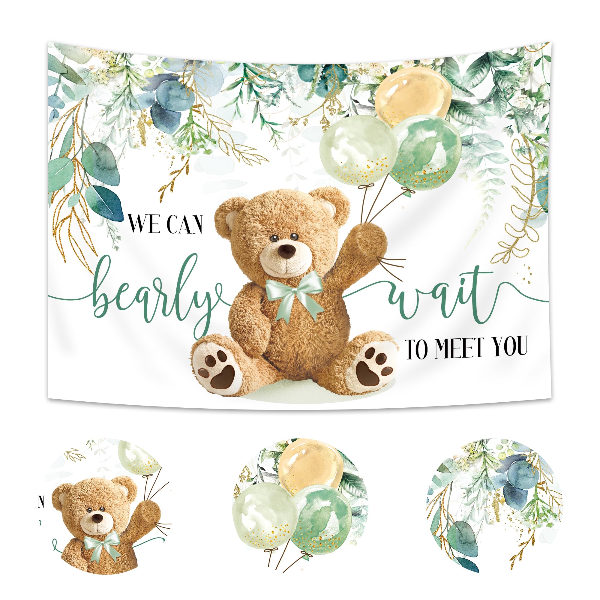 Imirell Bear Baby Shower Backdrop 7Wx5H Feet We Can Bearly Wait Spring Green Leaves Watercolor Eucalyptus Polyester Fabric Carto