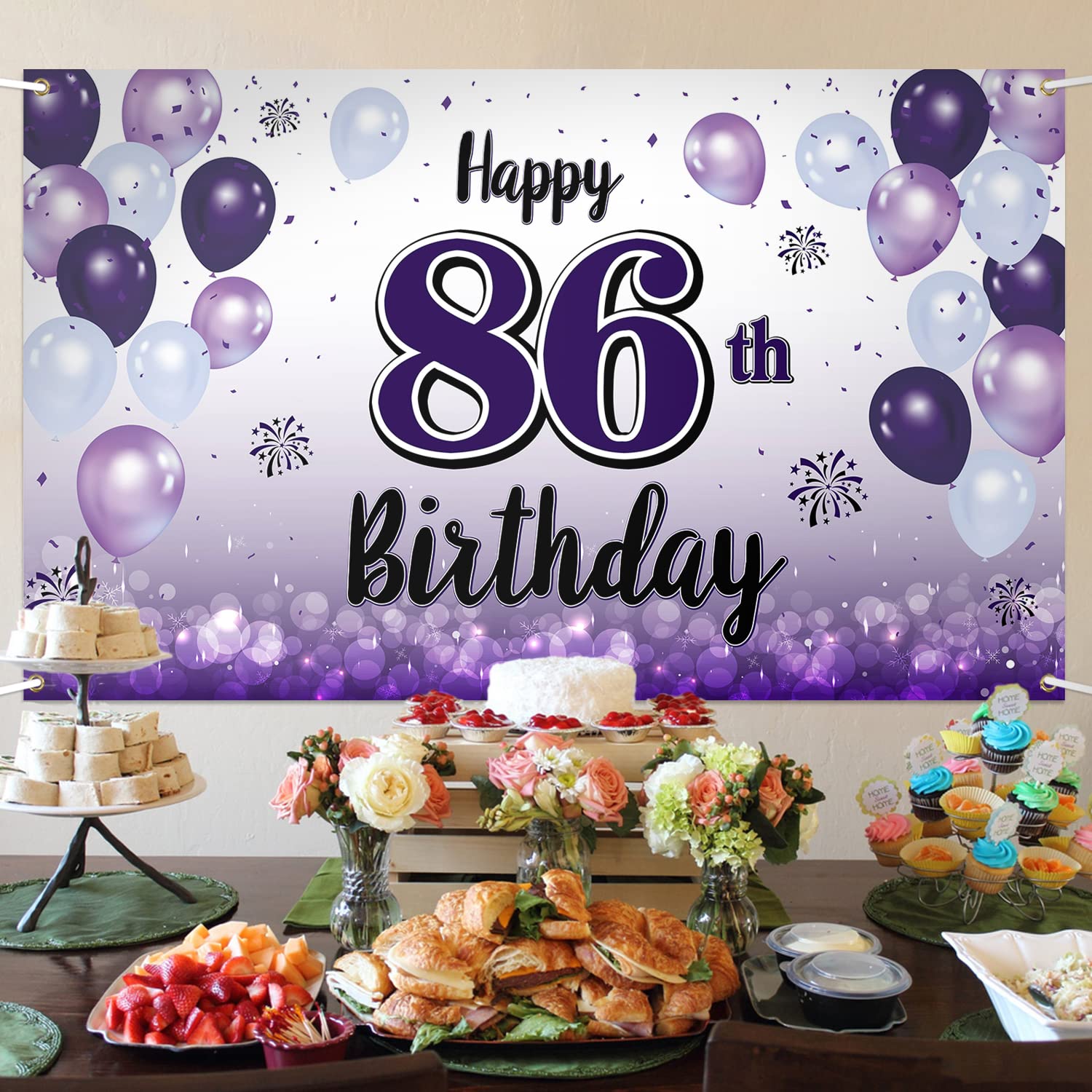 Laskyer Happy 86Th Birthday Decorations,86Th Purple Balloon Large Birthday Banner Backdrop Sign,86 Years Old Bday Party Supplies