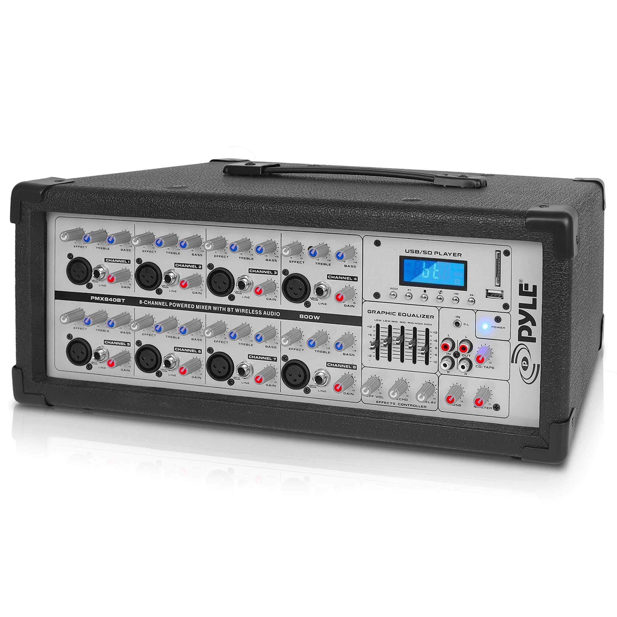Pyle 800W Bluetooth Stage Powered Mixer - 8-Channel Pro Audio Sound System with MP3/USB/SD Readers - RCA/1/4    Effects Loop - A