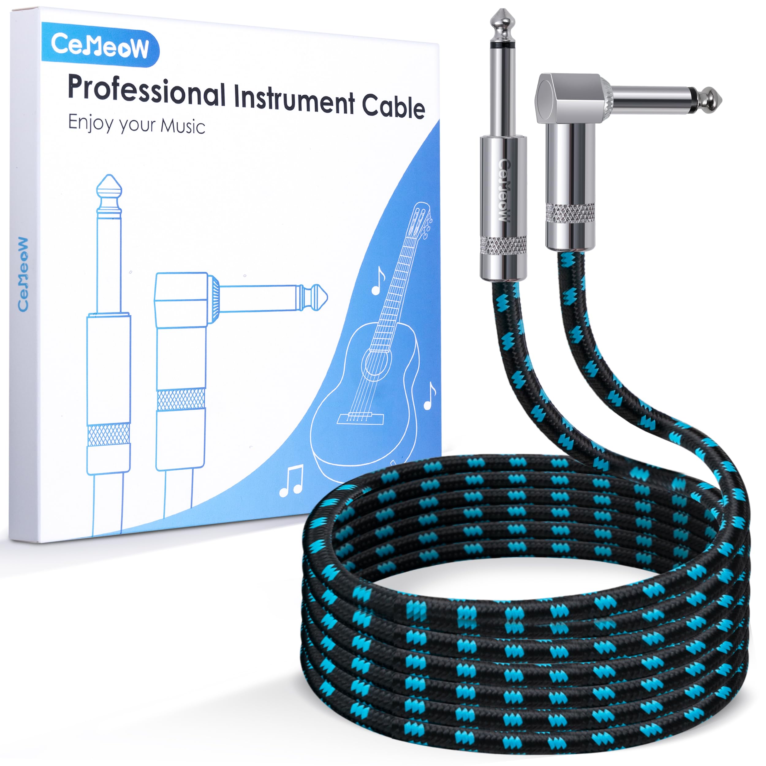 Cemeow Guitar Cable 10Ft 1/4 Inch Guitar Cord Straight To Right Angle Instrument Cable With Braided Tweed And Anti Kinking Desig