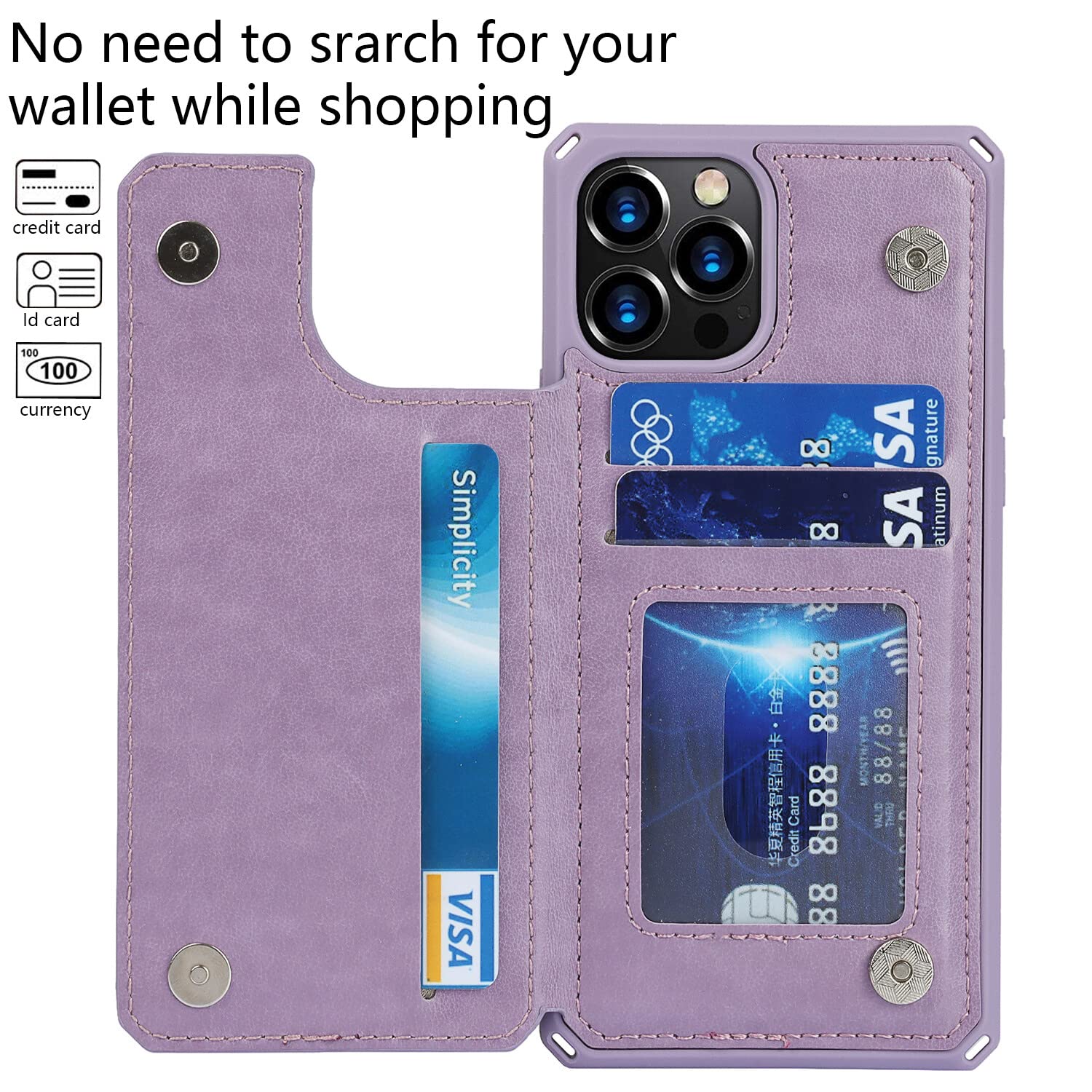 Cavor iPhone 12/12 Pro Wallet Case Embossed Heart Flower Pattern PU Leather Card Holder Shockproof Purple