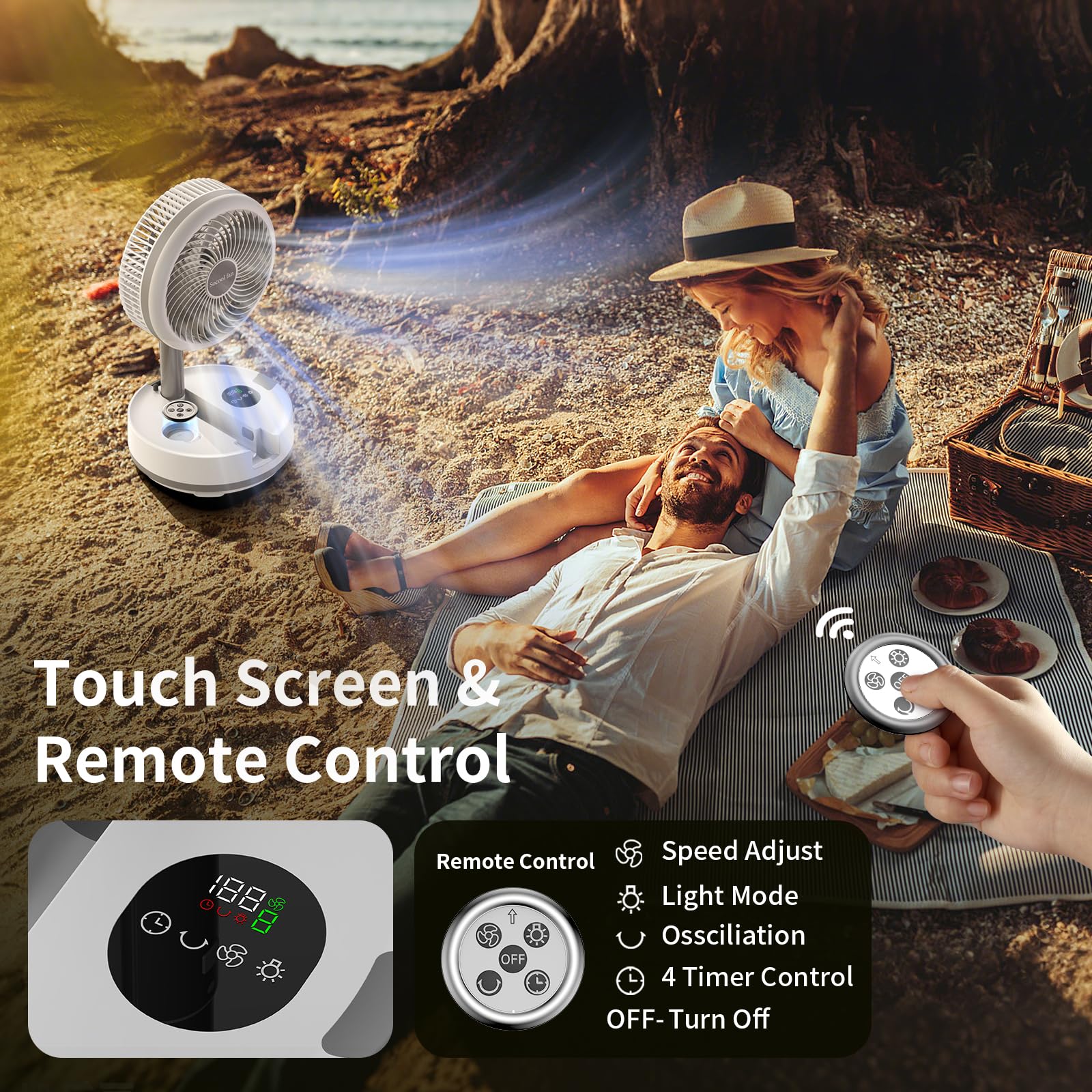 Socool 40000Mah Battery Operated Foldable Fan,Rechargeable Standing Fan, Remote Control & Colorful Light, Oscillating Telescopic