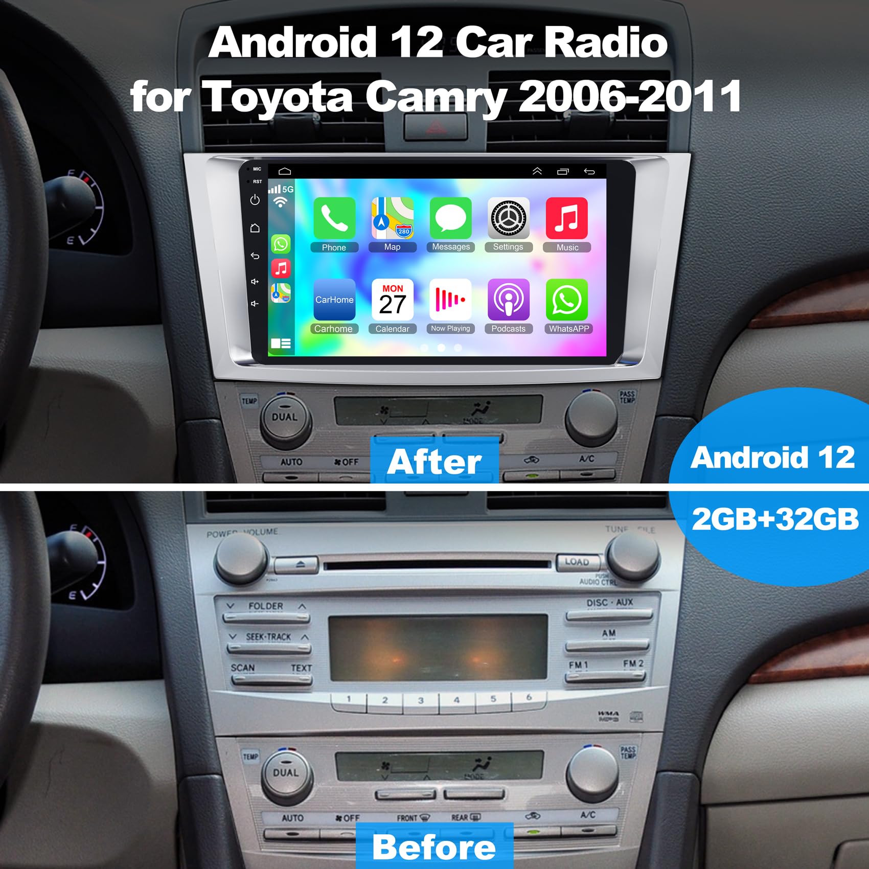 Android 12 Car Radio For Camry 2006 2011, 9 Inch Head Unit Car Stereo With Ips Hd Touch Screen, Wireless Carplay, Android Auto,