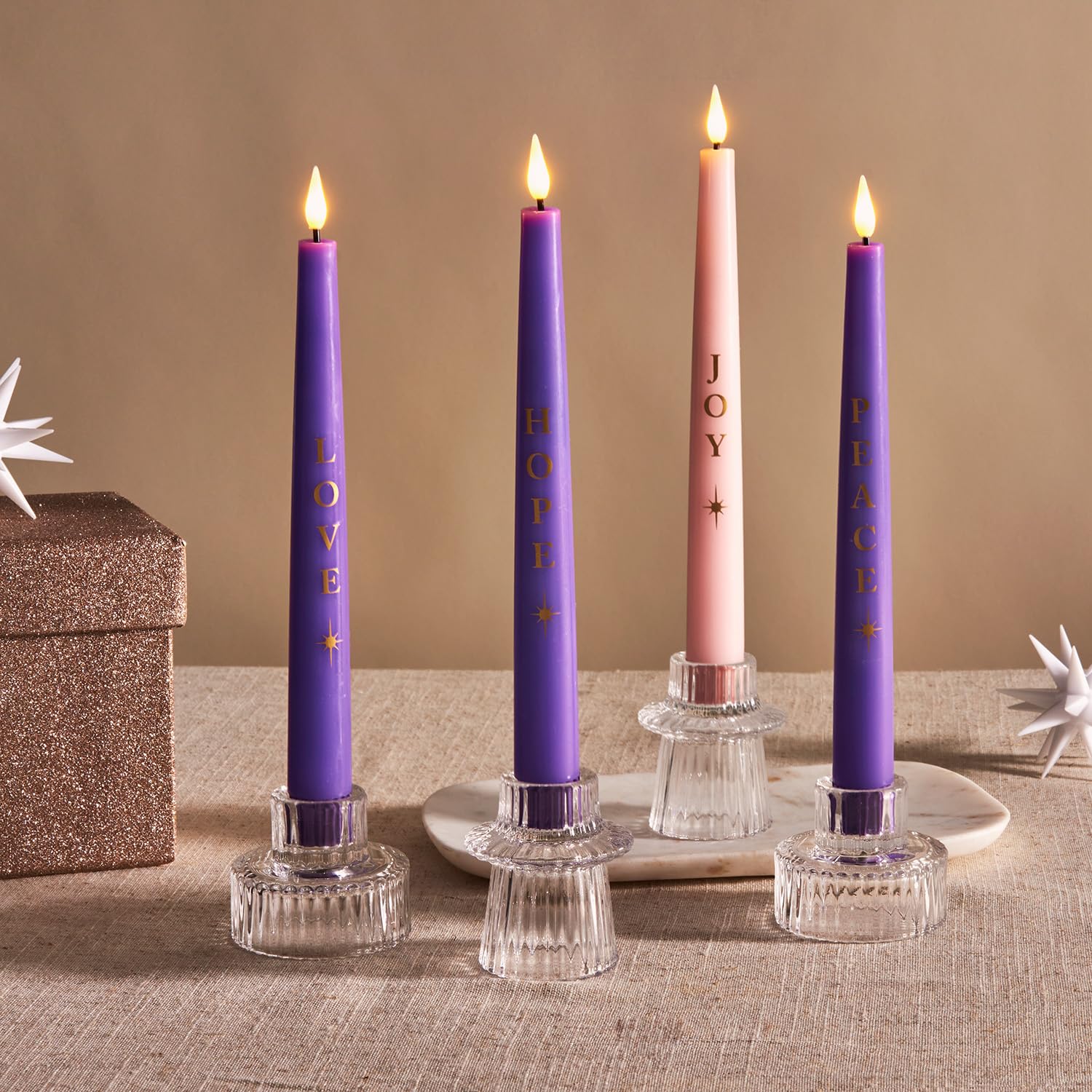 Lamplust Flameless Advent Candles Set Of 4 With Words, 9 Inch Purple & Pink Flameless Candles, Flameless Taper Candles For Adven
