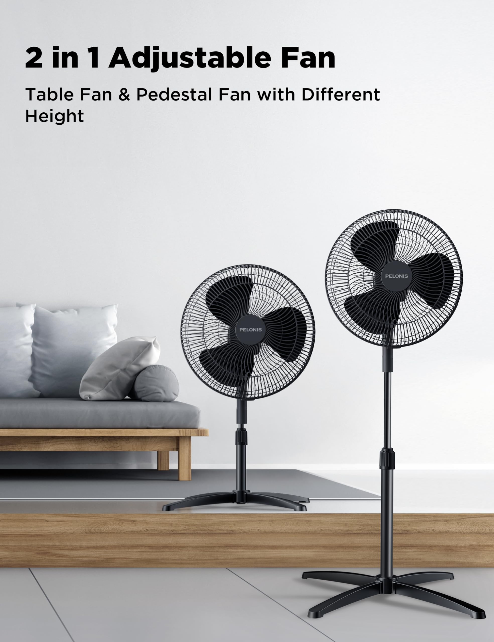 Pelonis 16 Pedestal Stand Up Oscillating Fan With 3 Speeds Settings Ultra Quiet Adjustable Heights For Bedroom, Living Room, Hom