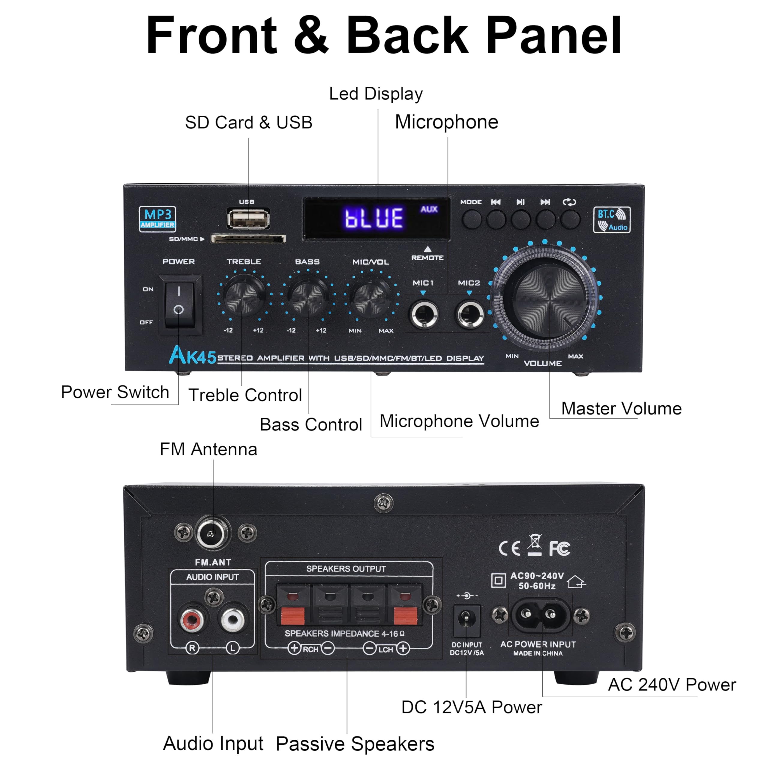 Stereo Audio Ak45 Amplifier,300W Home 2 Channel Wireless Bluetooth 5.0 Power Amplifier System, Home Amplifiers Fm Radio, Usb, Sd