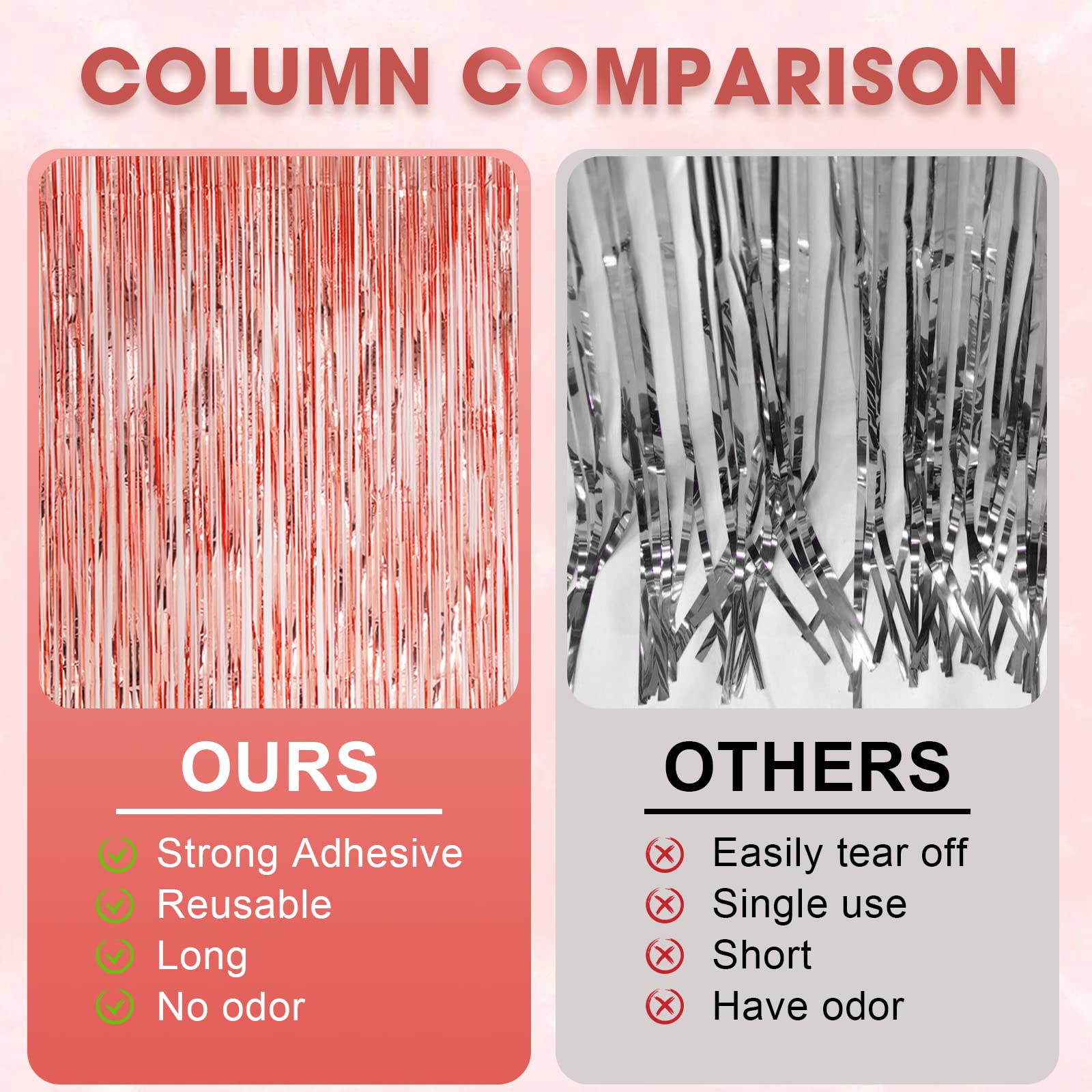 Voircoloria 2 Pack Rose Gold Tinsel Foil Fringe Curtains, Rose Gold Party Decorations, Metallic Tinsel Party Streamers Backdrop