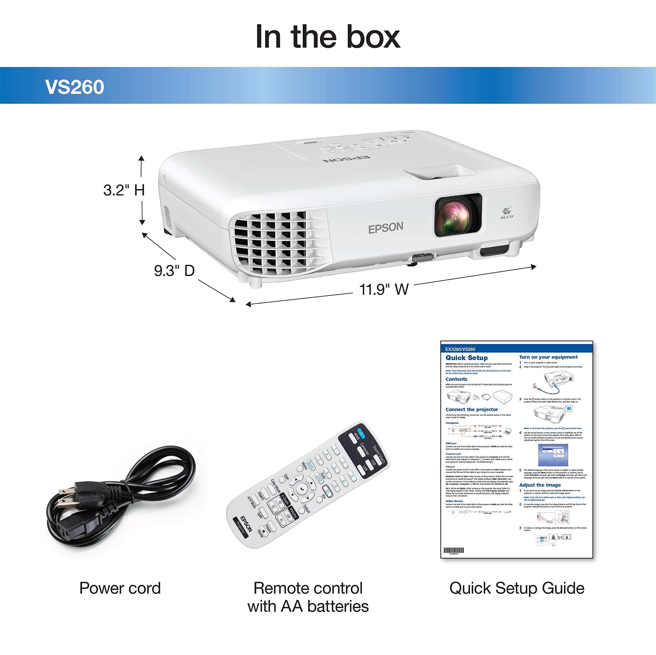 Epson Vs260 3 Chip 3Lcd Xga Projector, 3,300 Lumens Color Brightness, 3,300 Lumens White Brightness, Hdmi, Built In Speaker, 15,