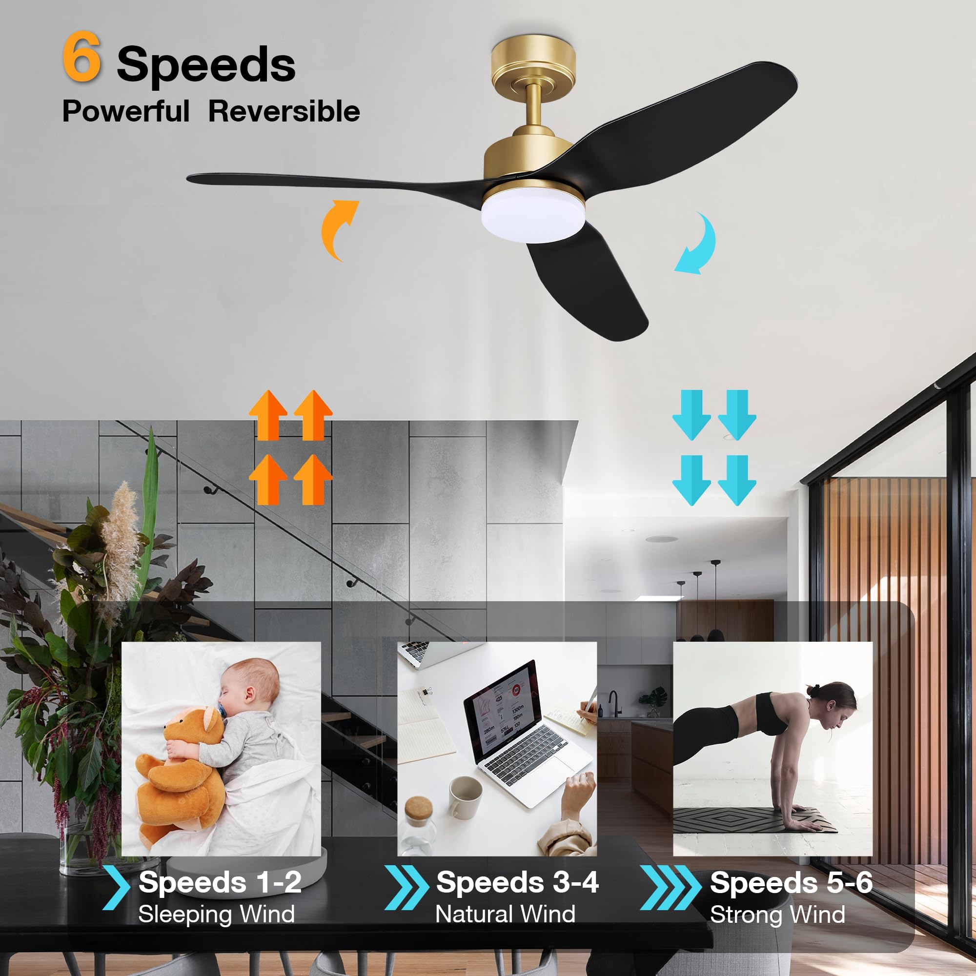 Hoenofly 48 Inch Smart Ceiling Fans With Led Lights Remote,Quiet Dc Motor,Dimmable,Outdoor Indoor Gold Black Ceiling Fan Control