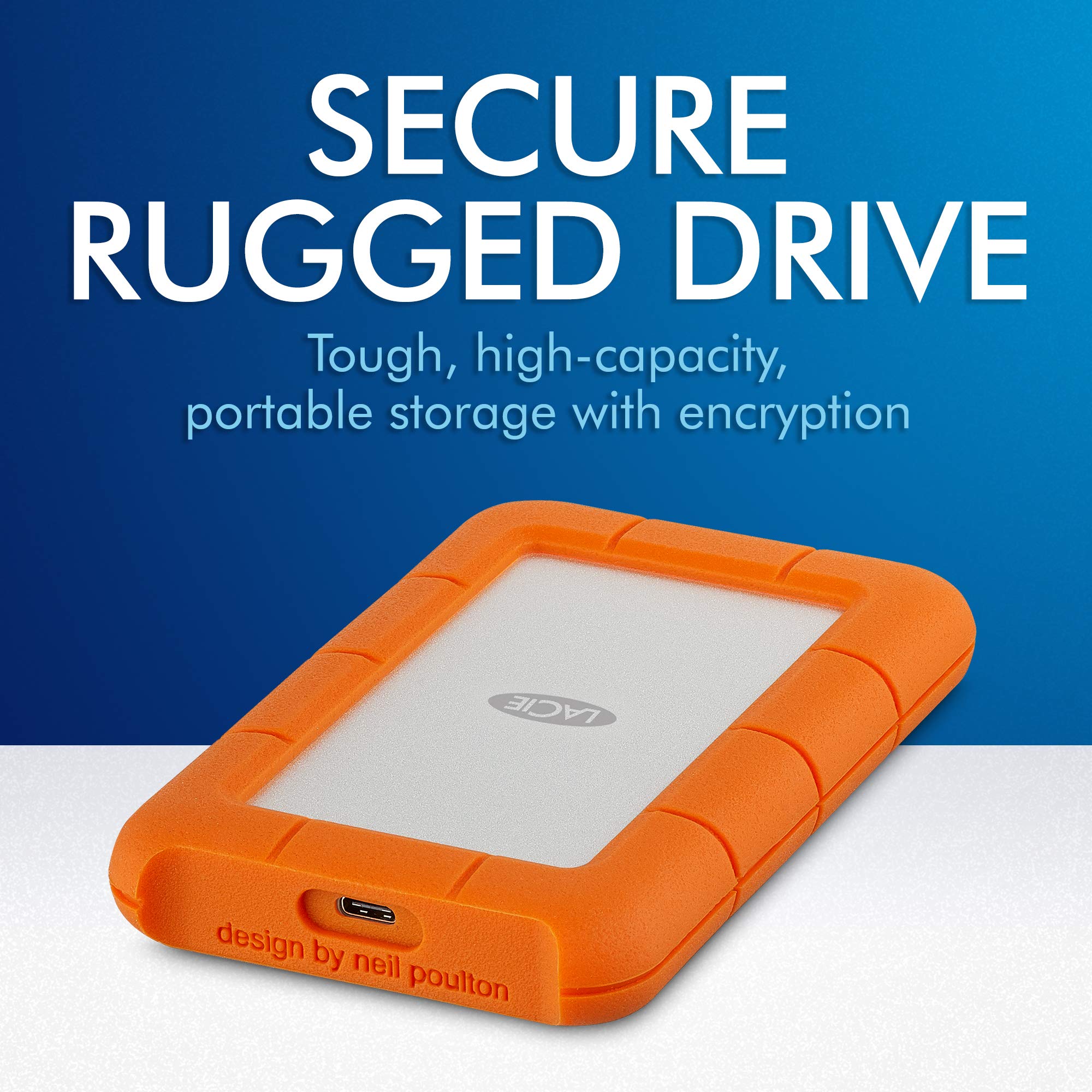 Lacie Rugged Secure 2Tb External Hard Drive Portable Hdd - Usb-C Usb 3.0 Drop Shock Dust Rain Resistant Computer Desktop Worksta